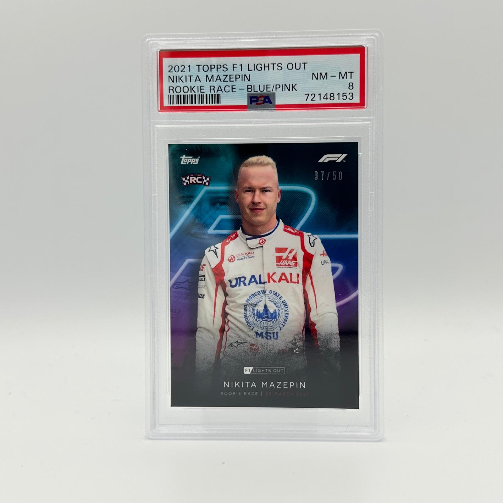 PSA 8 Graded 37/50 Nikita Mazepin Rookie Race Blue Pink Parallel - Rare Collectible Trading Card for Sports Memorabilia Enthusiasts & Card Game Players