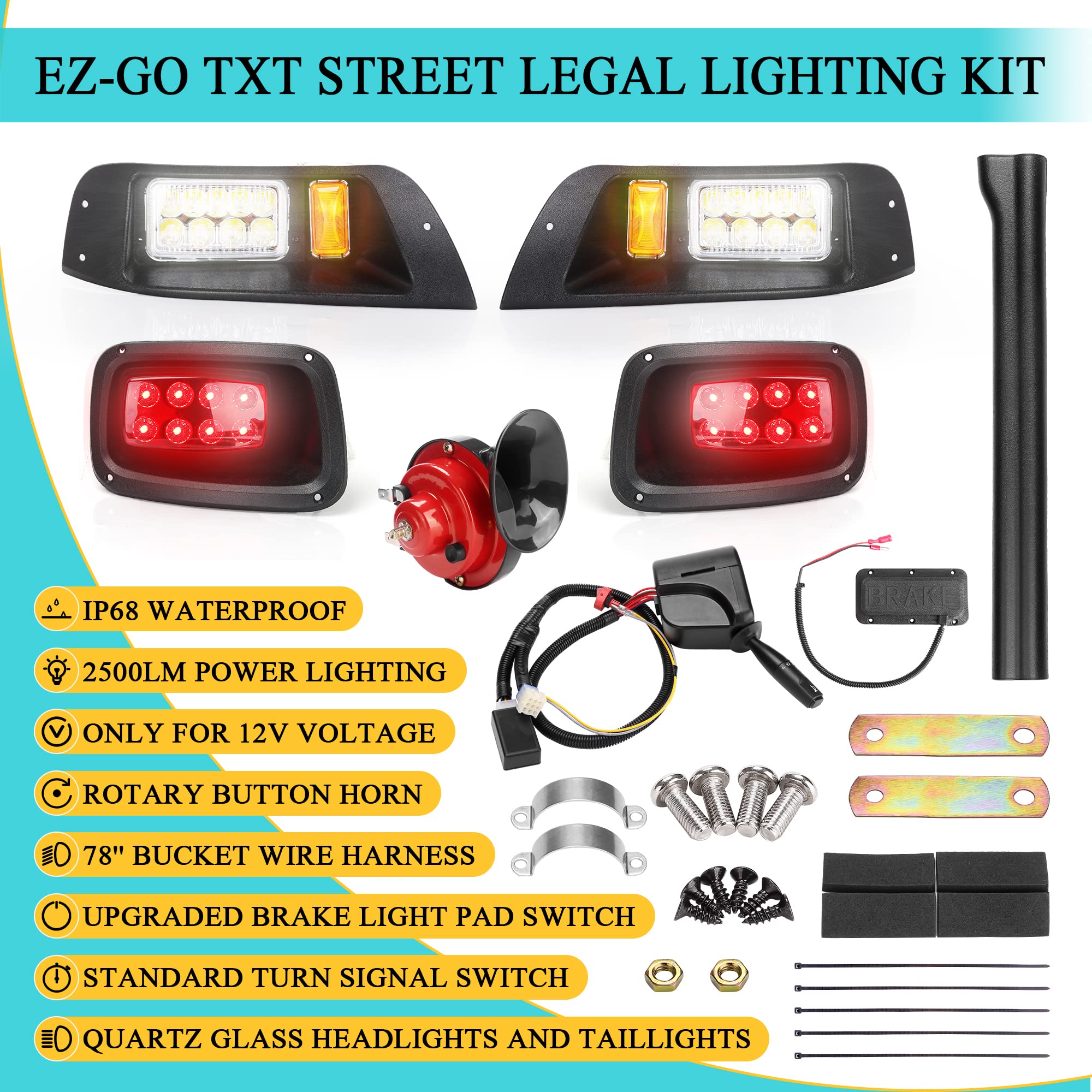 12V EZGO TXT Golf Cart Headlight & Taillight Kit (1996-2013) - Street Legal Lighting Set with Wiring Harness for Gas & Electric Models - Perfect for Night Driving & Safety Compliance