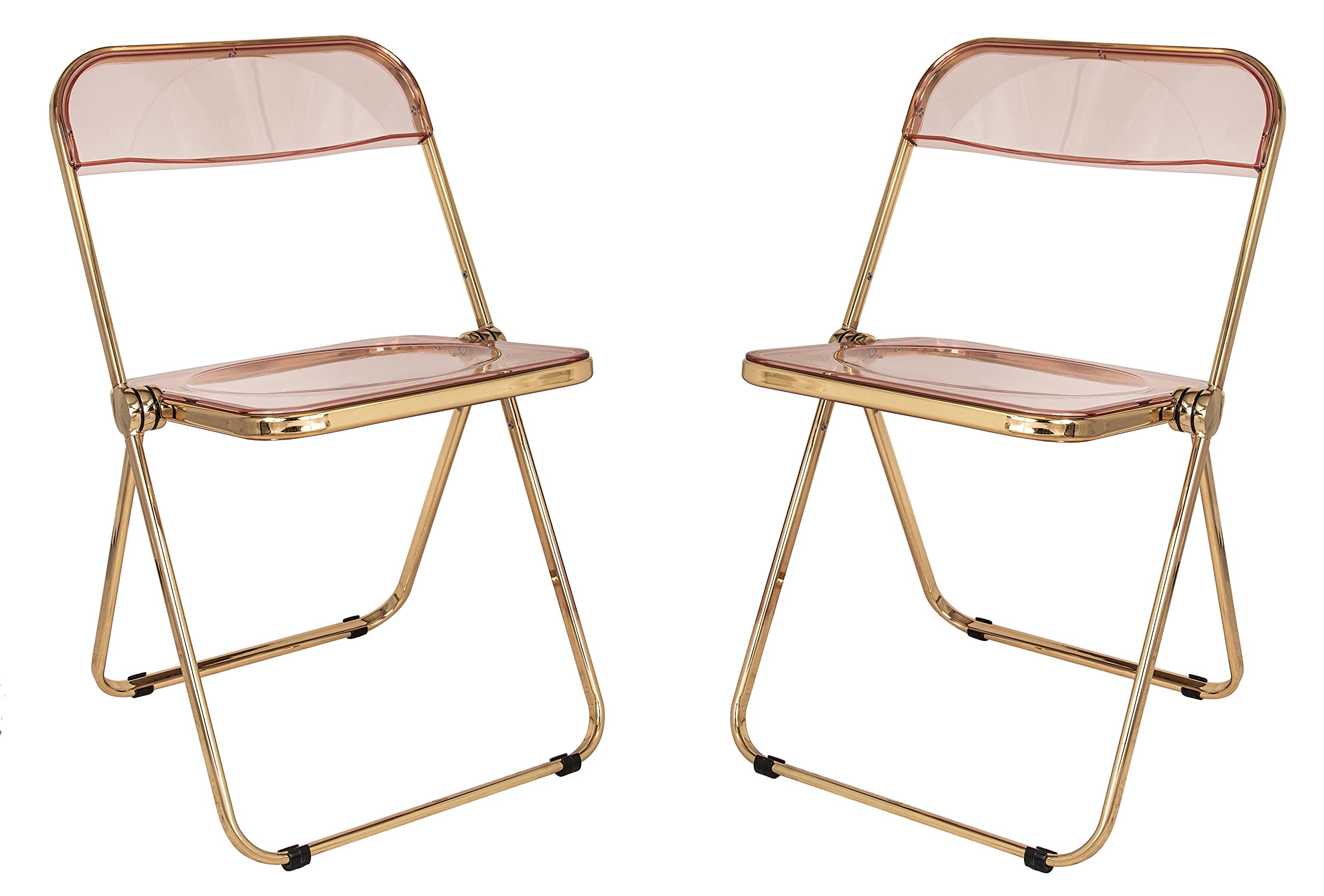 LeisureMod Lawrence Modern Transparent Acrylic Folding Chairs with Gold Metal Frame - Set of 2 Rose Pink - Perfect for Patio, Garden, Poolside & Indoor Events