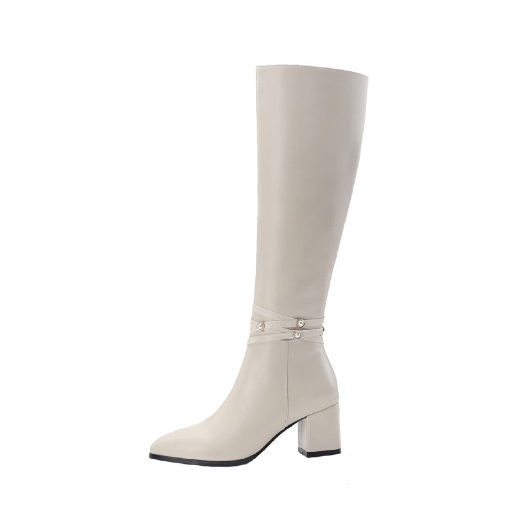 Women's Knee High Faux Leather Boots with Block Heel & Side Zipper - Wide Calf Pointed Toe Dress Boots for Casual Wear (Beige/Black) - Perfect for Office, Parties & Fall Fashion