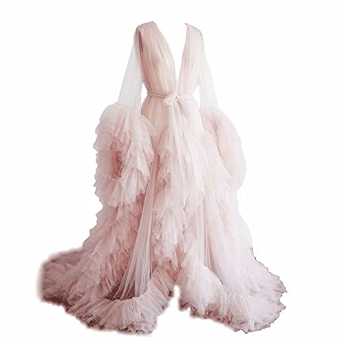 Sexy Sheer Maternity Robe for Women - Plus Size Long Kimono Nightgown & Puffy Tulle Dressing Gown - Perfect for Photoshoots, Bridal Showers, and Maternity Photos