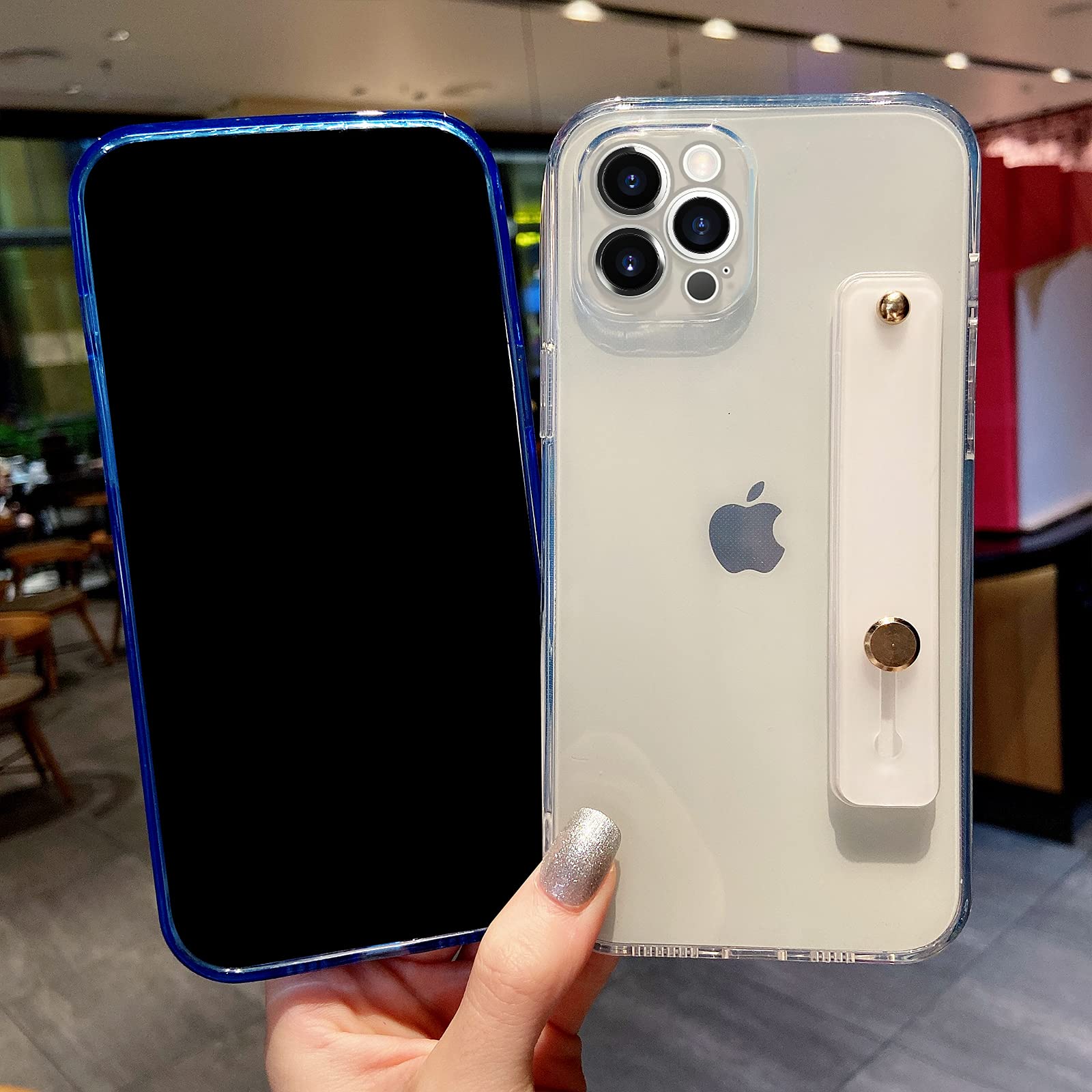Omio Clear Fluorescent Neon TPU Silicone Shockproof Case for iPhone 12 Pro Max - Slim Soft Protective Cover with Wristband Grip & Stand (Compatible with iPhone 12 Pro Max) - Perfect for Women, Girls, and Everyday Use at Work, School, or Travel