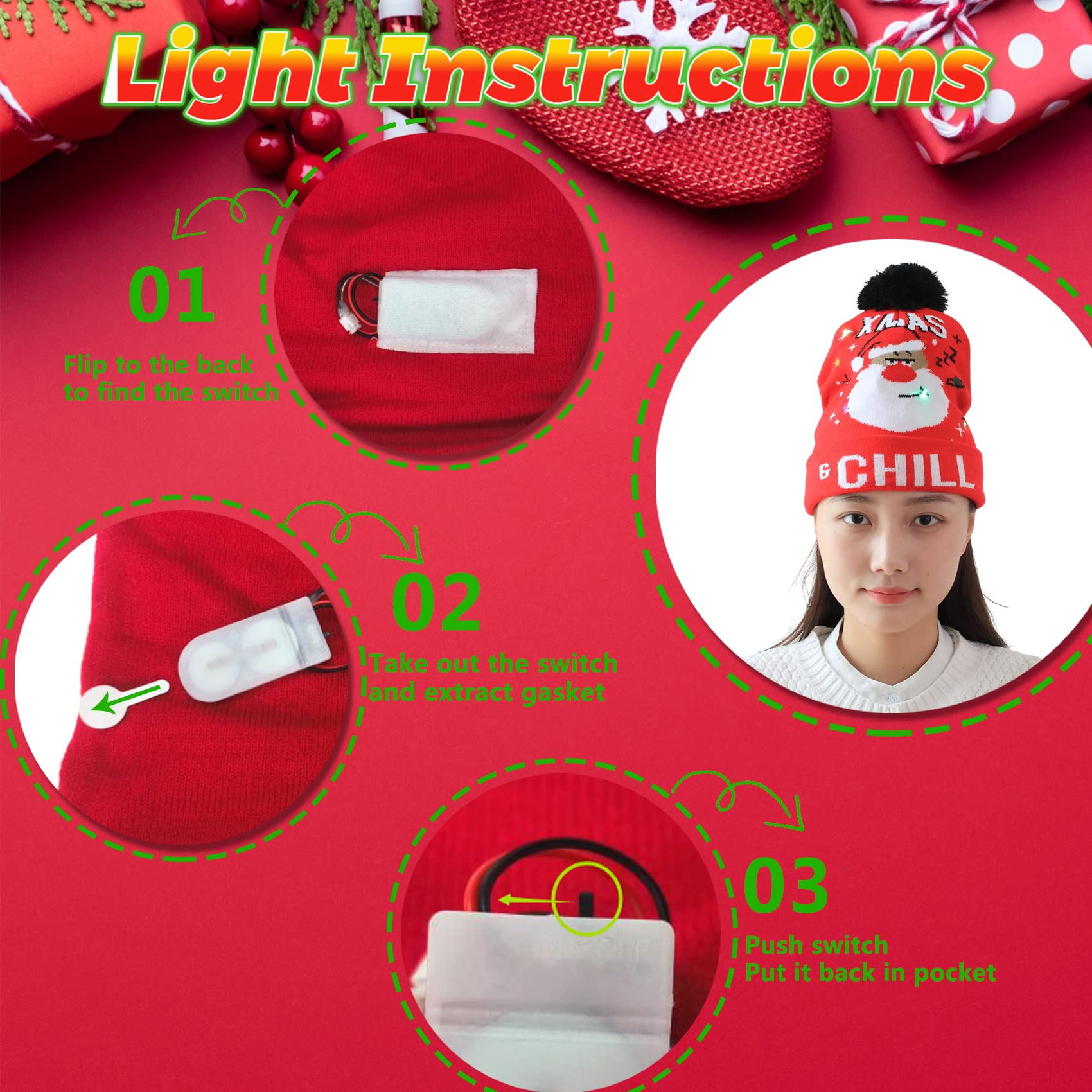 4-Pack LED Christmas Knitted Hats with 6 Colorful Built-in Lights - Unisex Light Up Beanie for Ugly Sweater Parties, Winter Holidays & Festive Gatherings | Perfect for Christmas Celebrations, Gift Exchanges & Family Photos