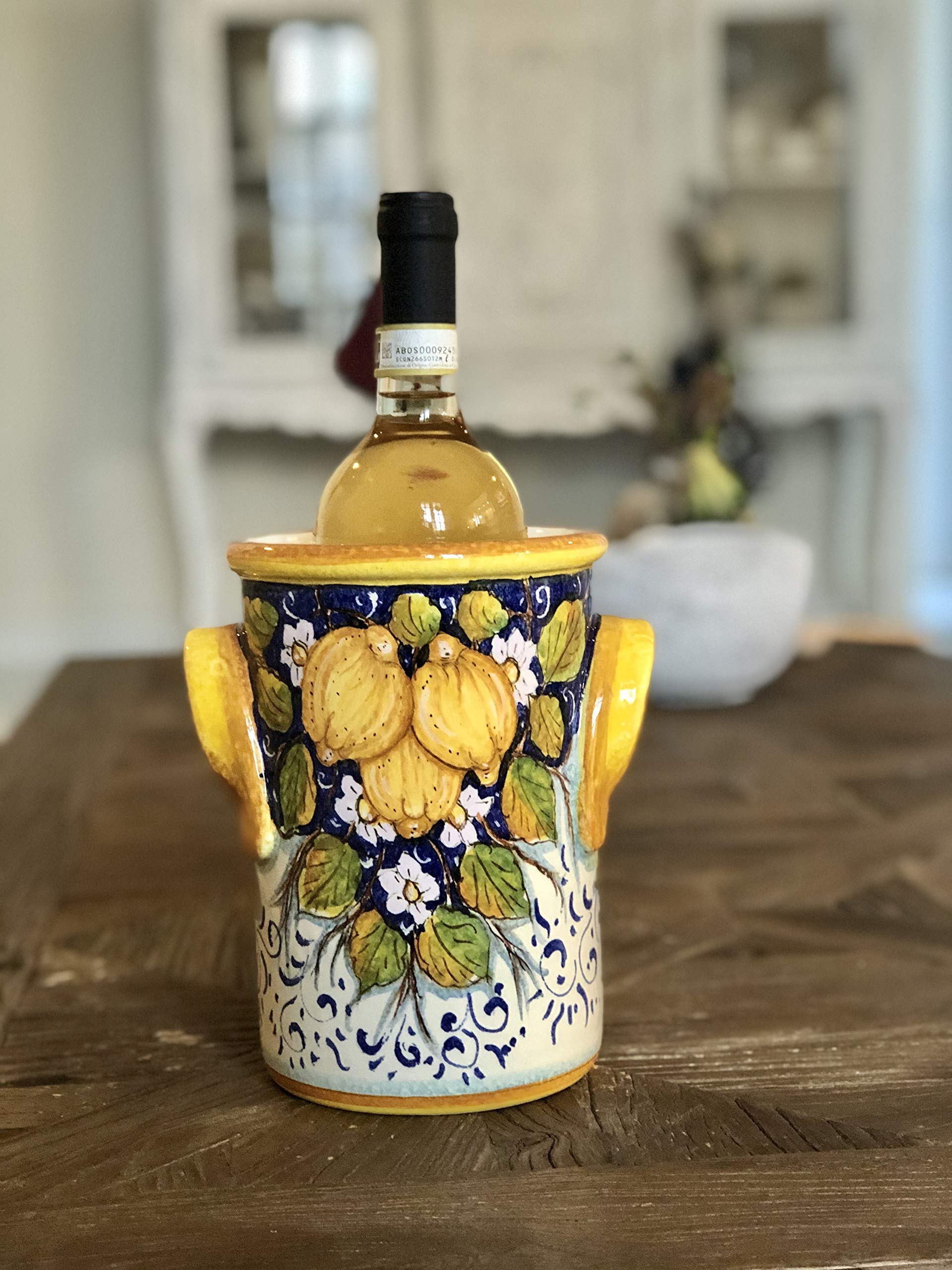 Hand-Painted Italian Ceramic Utensil Holder & Wine Bottle - Tuscan Art Pottery with Three Lemons Design - Made in Italy - Perfect for Kitchen Decor & Wine Storage