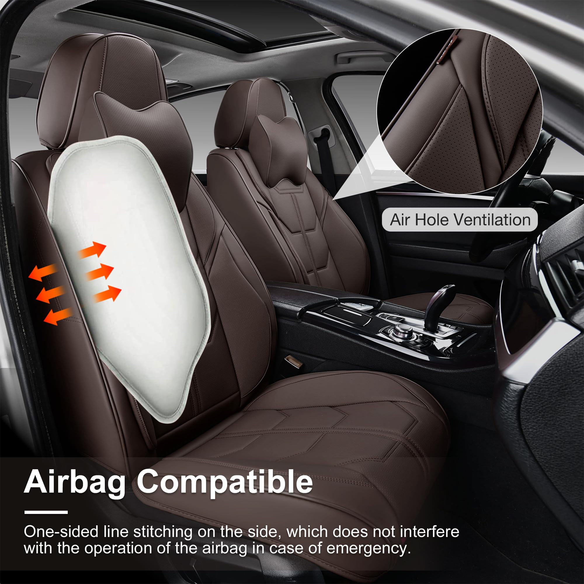 Premium Brown Universal Car Seat Covers Full Set - 5-Piece Leatherette Auto Seat Protectors with Head Pillow for Sedans, SUVs & Trucks | Front & Rear Seat Protection for Comfort & Style