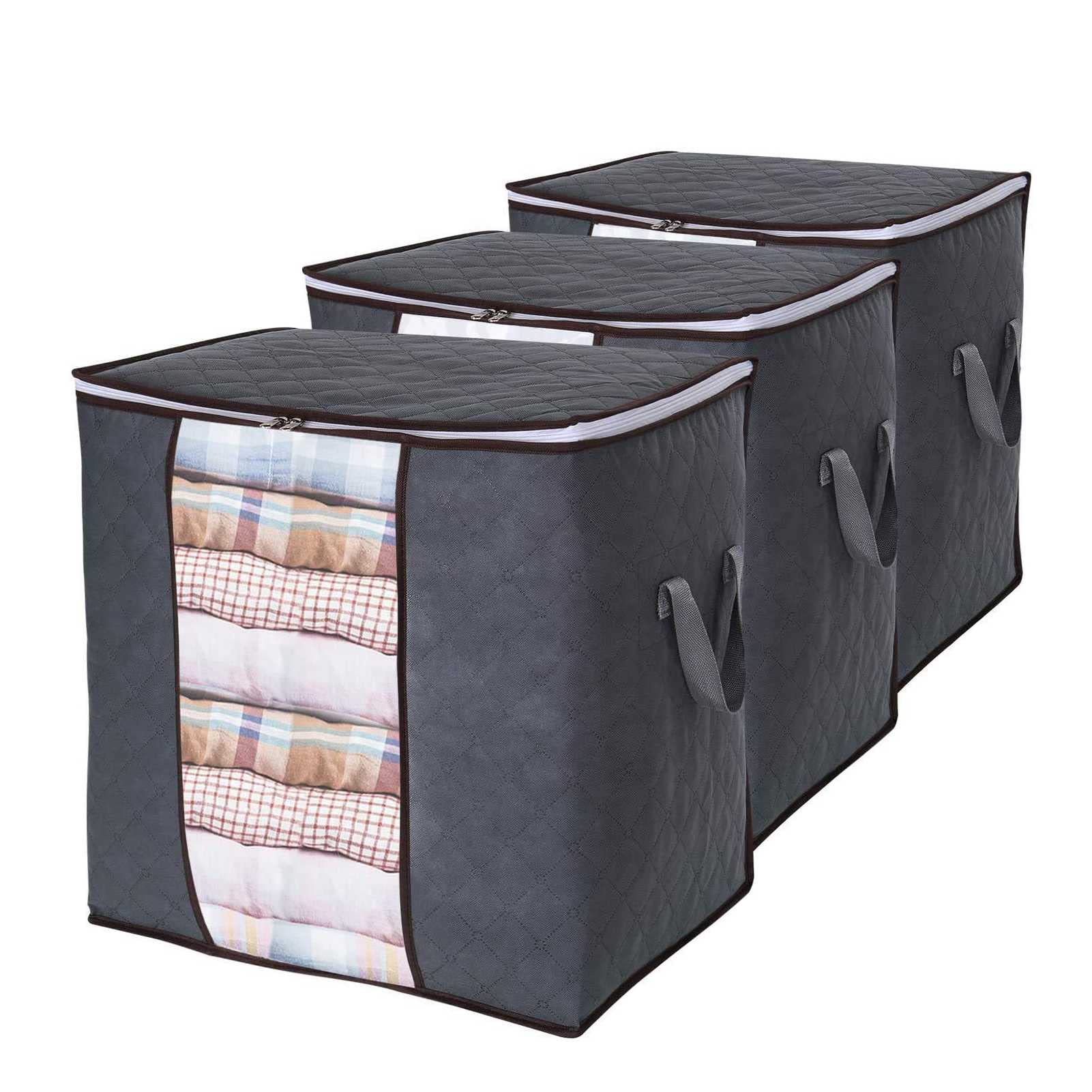 XUESHA 3-Piece Large Capacity Clothes Organizer Storage Box - Quilt & Blanket Closet Organizer with Clear Window & Double Zipper - Perfect for Bedroom, Closet, and Travel Organization