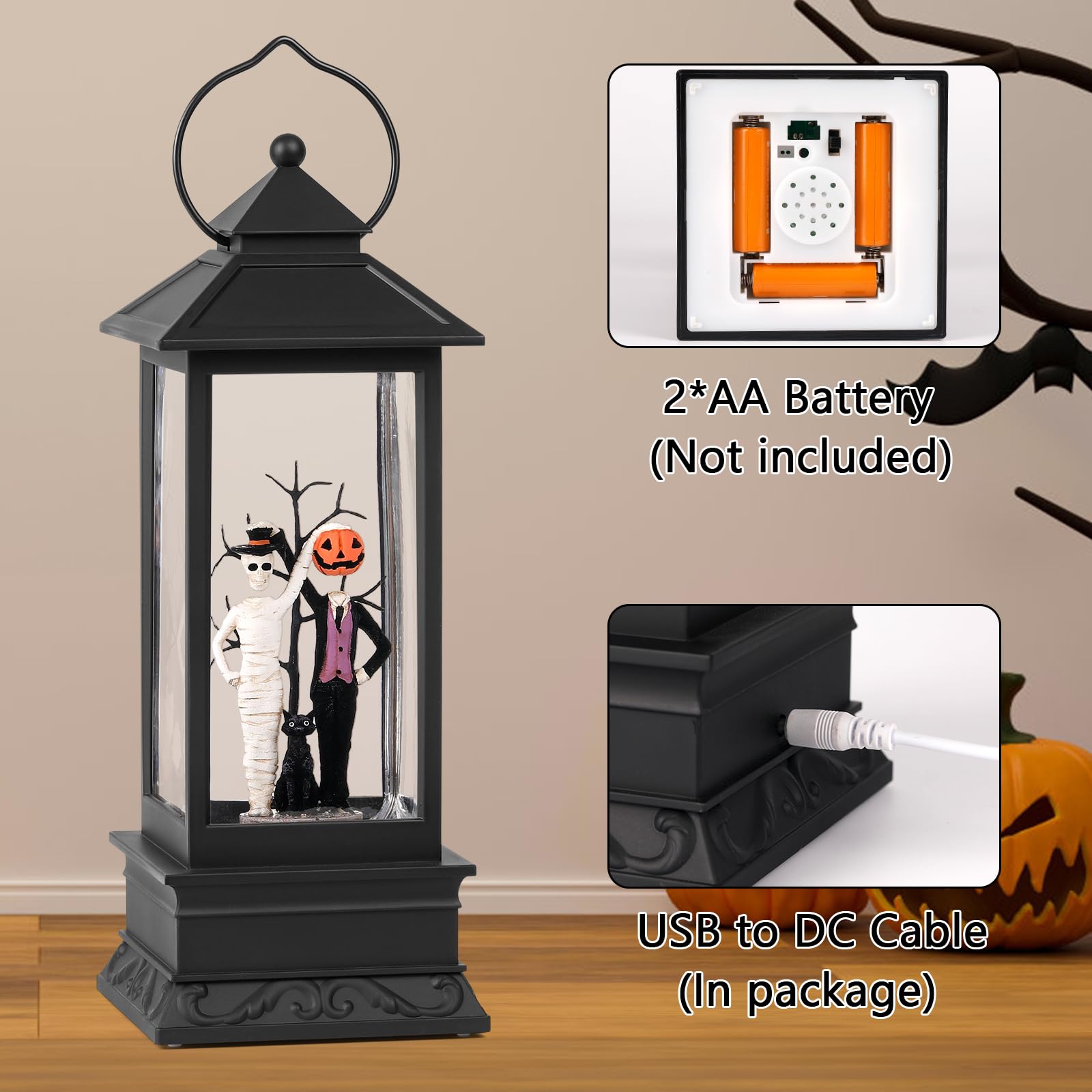 **Halloween Snow Globes with Skull & Black Cat Scene - Glittering LED Lantern with Timer, USB/Battery Powered for Spooky Home Decor - Perfect for Halloween Parties, Indoor & Outdoor Displays**