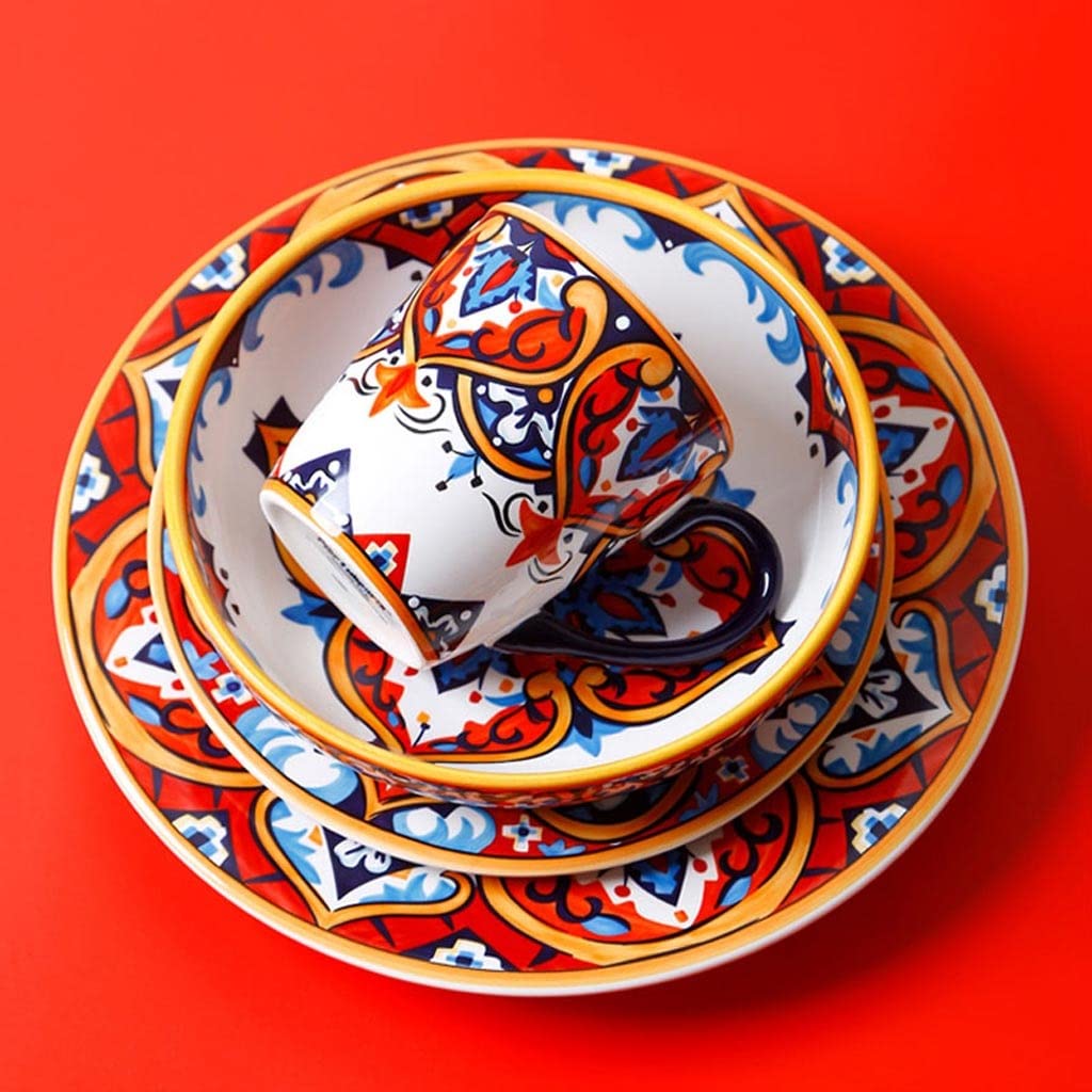 YXBDN Ceramic Tableware Set - 12-Piece Ethnic Style Underglaze Dinner Plates, Salad Bowls & Steak Dishes for Home Dining | Durable Stoneware for Restaurants, Parties & Everyday Use