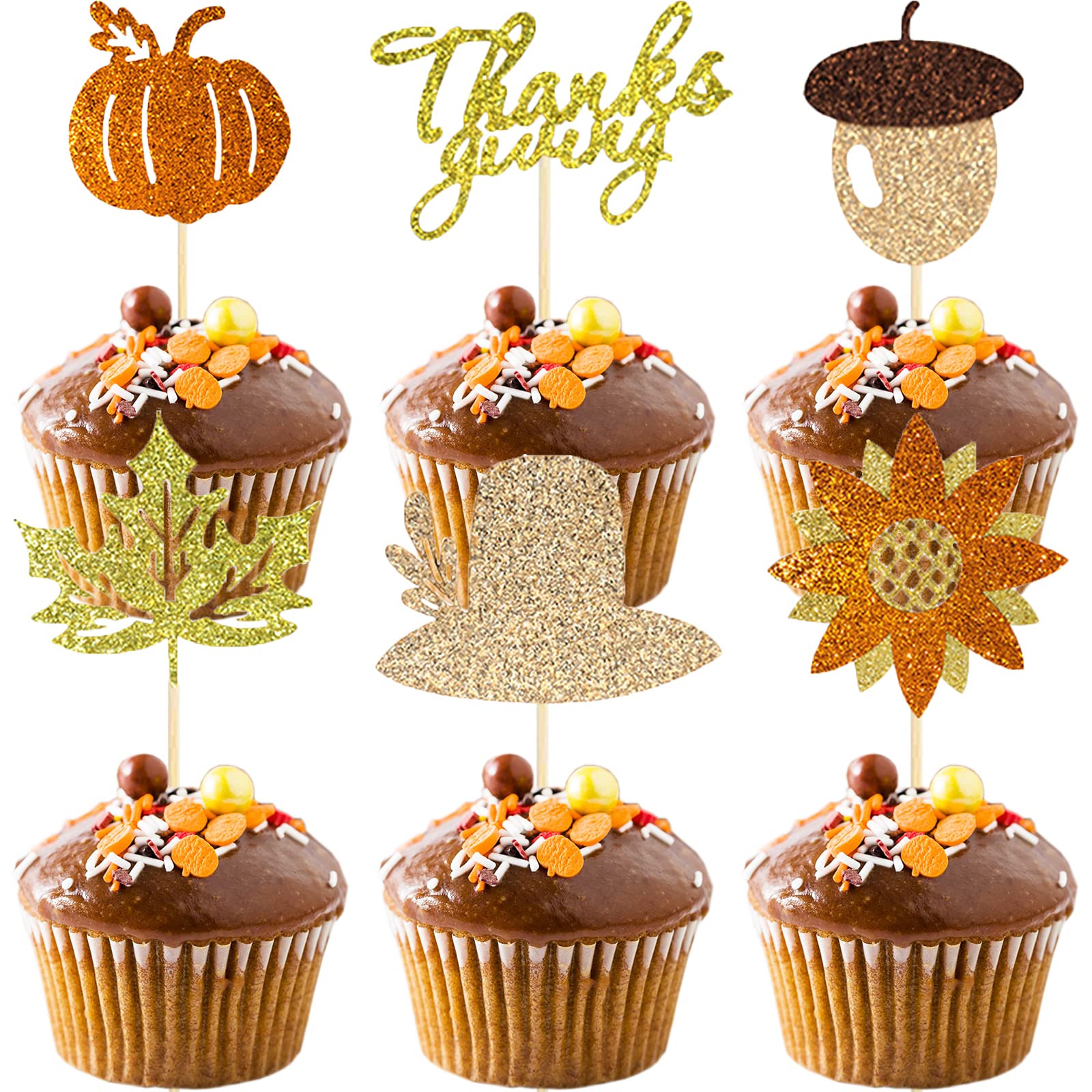 24-Piece Fall Thanksgiving Cupcake Toppers - Harvest Autumn Cake Decorations for Thanksgiving, Birthday & Baby Shower Parties - Food Safe Cupcake Picks & Cake Toppers - Perfect for Seasonal Dessert Decorating & Holiday Celebrations