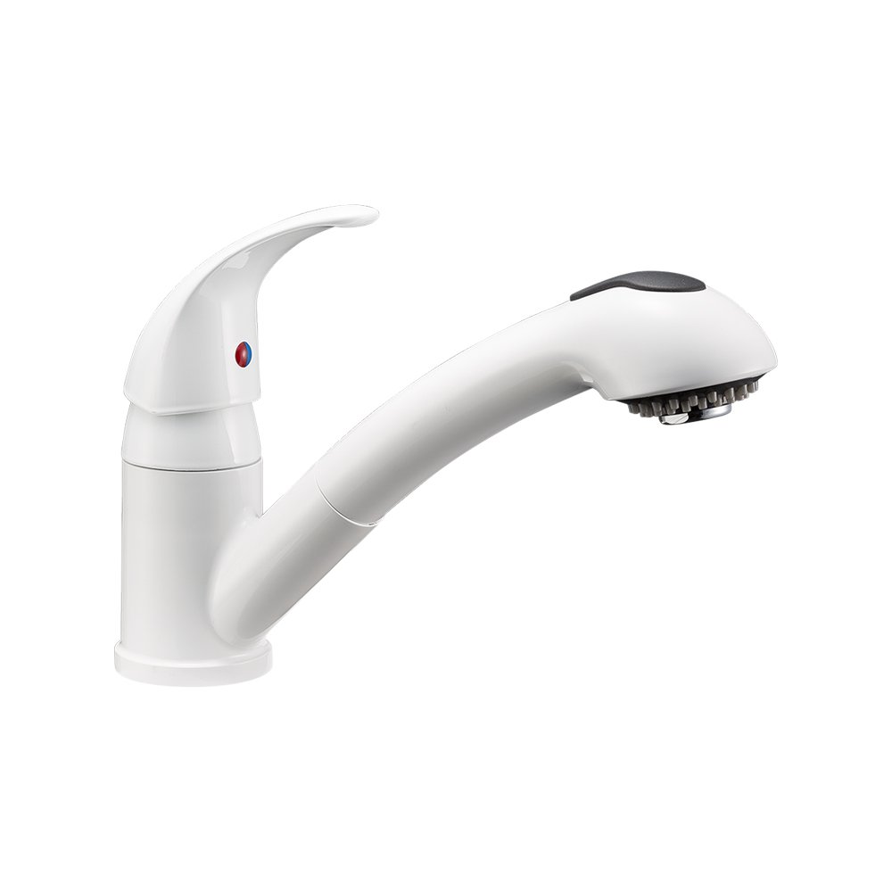 Durable RV Pull-Out Swivel Single Handle Kitchen Sink Faucet - One-Hole White Faucet for RV, Camper & Tiny Homes | Easy Installation & Water-Saving Design | Perfect for Small Spaces & Mobile Living