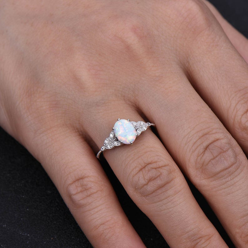 14K/18K White Gold Art Deco Opal and Diamond Engagement Ring for Women - Perfect for Proposals, Anniversaries & Special Occasions