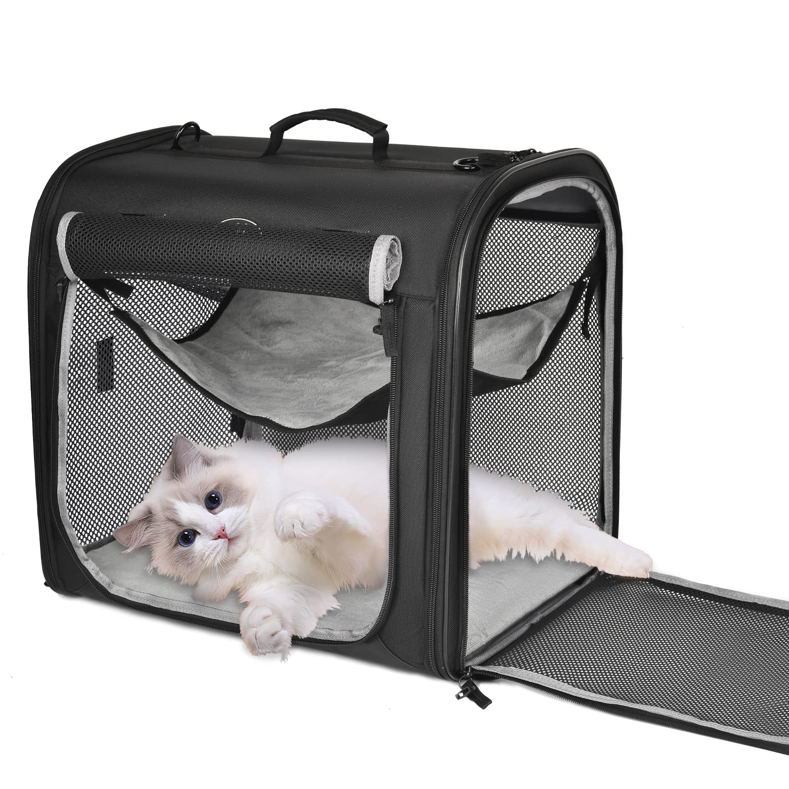 Wakytu Portable Large Cat Carrier & Soft-Sided Pet Crate for Small Medium Dogs - Breathable Mesh Windows, 3 Entrances, Hammock Bed & Lockable Zipper | Ideal for Air Travel, Vet Visits, Road Trips & Outdoor Adventures
