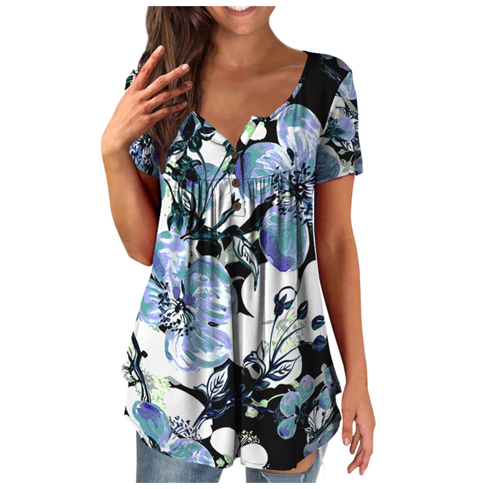 Women's Casual Short Sleeve Ruffle Blouse - Loose Oversized Button Down Shirt with Pleated Detail & Floral Print for Summer | Perfect for Beach Outings, Brunch Dates & Office Wear