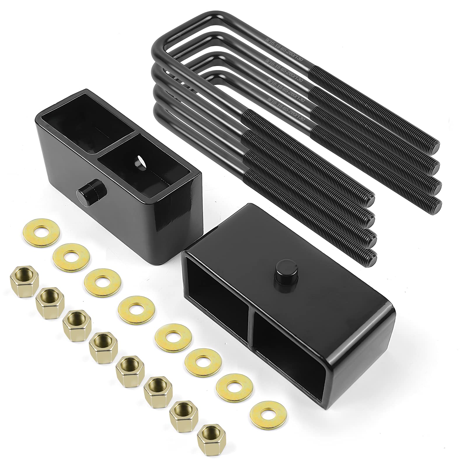 AUTOPTIM 2 Inch Rear Leveling Lift Block Kit for 2007-2021 Chevy Silverado 1500 & 2007-2019 GMC Sierra 1500 - Square Leaf Spring Axle U-Bolt Set - Perfect for Off-Roading, Truck Leveling & Enhanced Suspension Performance