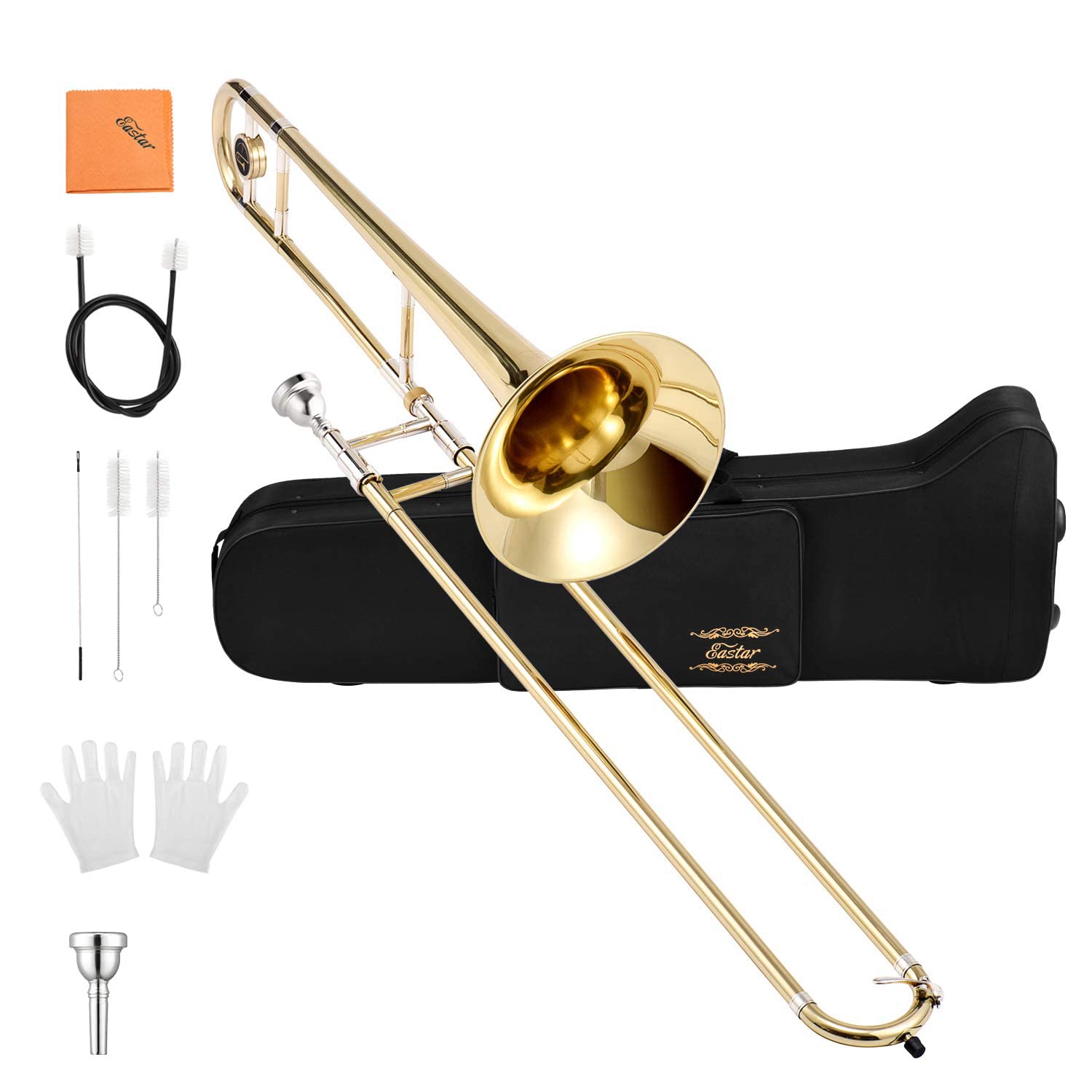 Eastar Bb Tenor Slide Trombone for Beginners - Brass Plated Student Trombone with Mouthpiece, White Gloves & Cleaning Kit (ETB-330, Golden) - Perfect for School Band, Jazz Ensemble & Music Practice