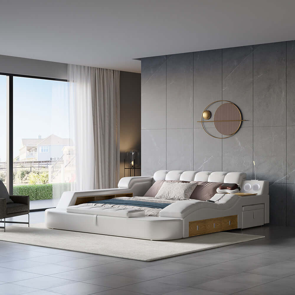 King Size White Smart Bed with Massage & Bluetooth Speaker - Faux Leather Upholstered Adjustable Bed for Ultimate Relaxation | Perfect for Bedroom, Home Theater & Luxury Living Spaces