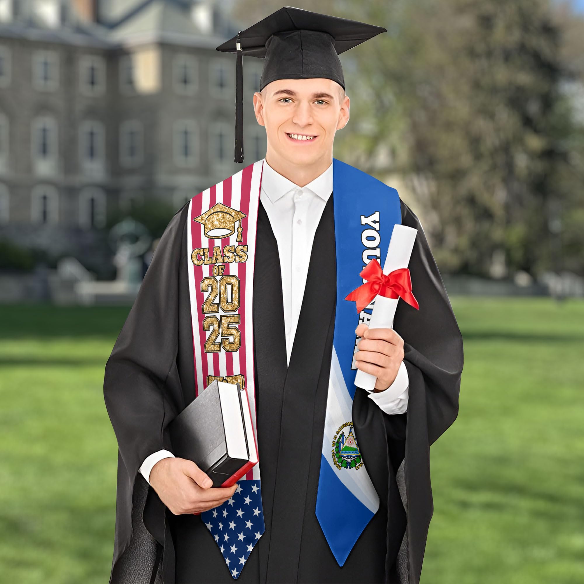 Custom Salvadoran Graduation Sash with El Salvador Flag Design - Personalized Graduation Stole for Salvadoran-American Students - Perfect for High School & College Graduation Ceremonies