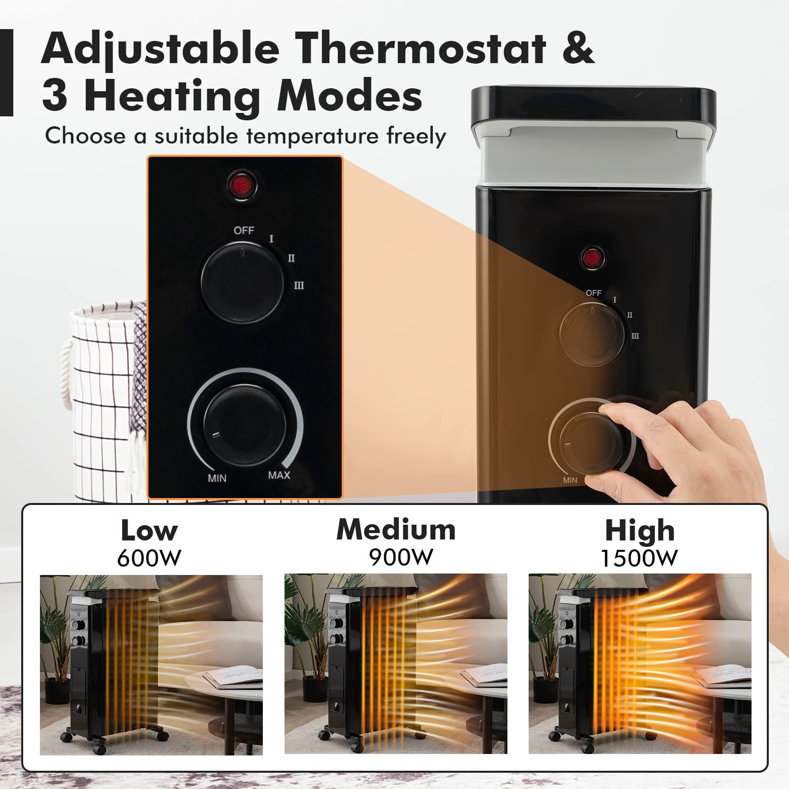 PETSITE 1500W Oil-Filled Radiator Heater with Thermostat - 3 Heat Settings, Overheat & Tip-Over Protection, Hanging Rack & Humidification Box - Perfect for Home, Bedroom, Office & Indoor Use - Energy Efficient Space Heater for Winter & Cold Weather
