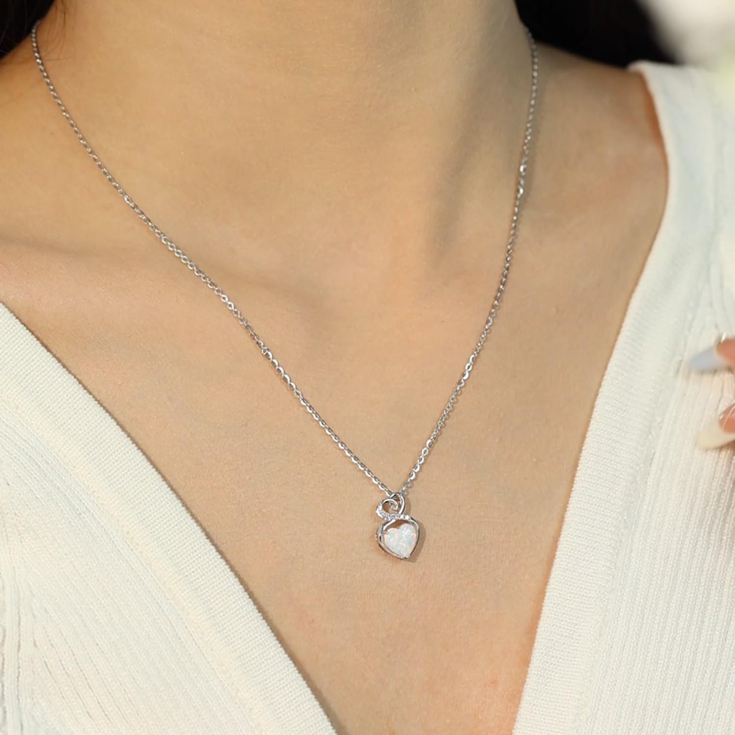 14K Solid White Gold Birthstone Necklace with Sterling Silver Chain - 1.5 CT Gemstone Heart Pendant - Dainty Fine Jewelry for Women (16