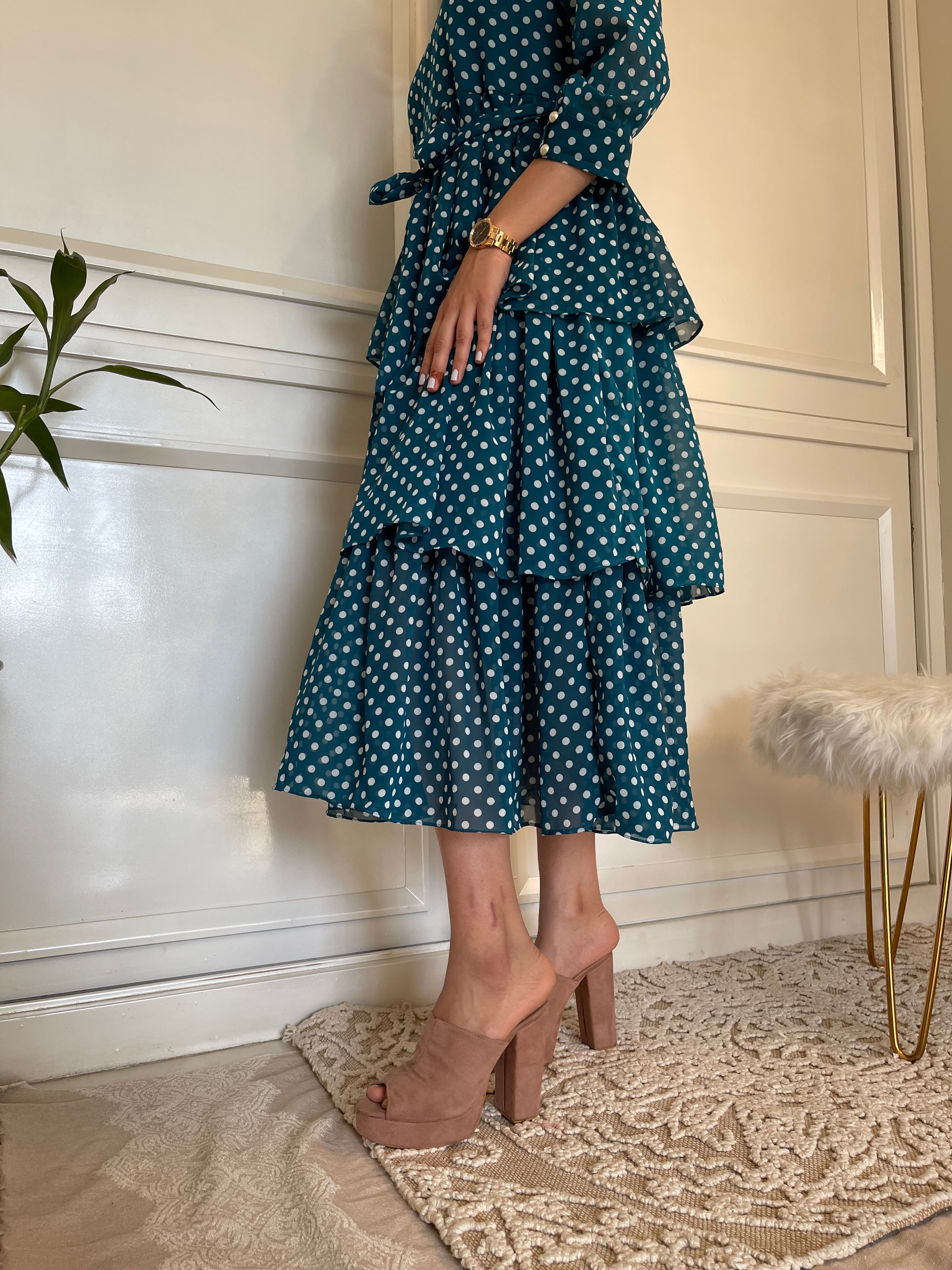 Stylish Green Polka Dot Ruffle Flared Maxi Dress for Women - Perfect for Summer Vacations, Beach Parties & Boho Weddings