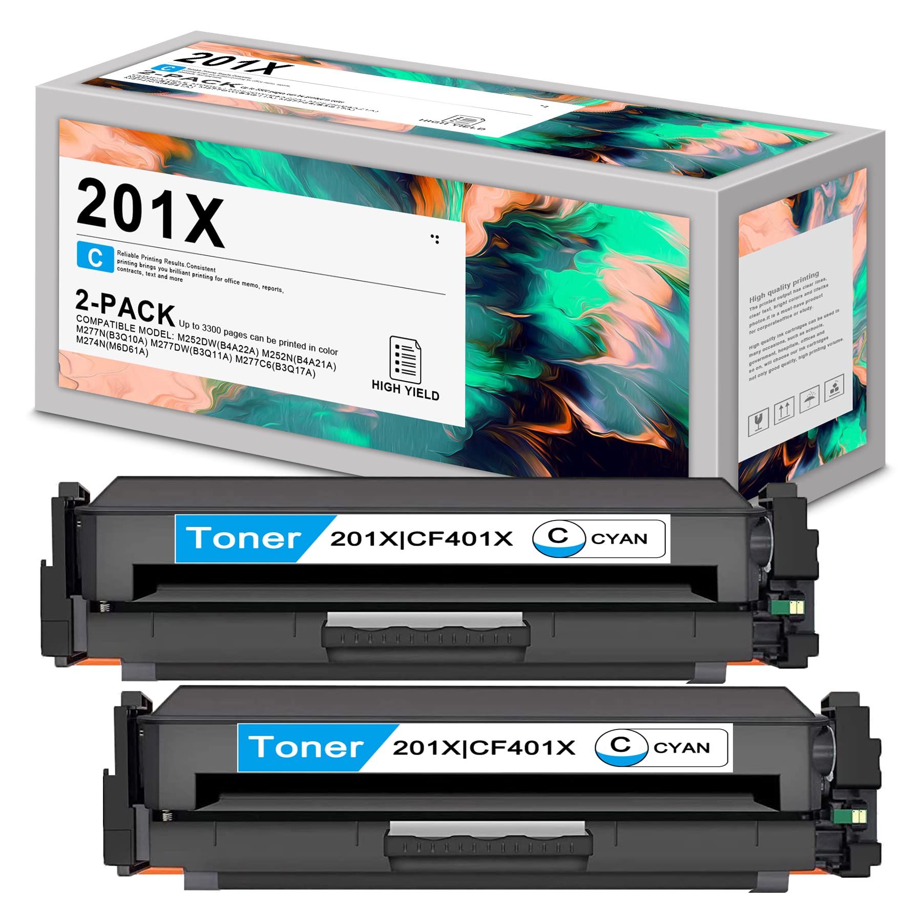 2-Pack Cyan CF401X High Yield Toner Cartridge Replacement for HP M252dw/M252n/M277dw/M277c6/M277n/M274n Printers - Compatible with HP B4A22A/B4A21A/B3Q11A/B3Q17A/M6D61A - Ideal for Home & Office Printing Needs