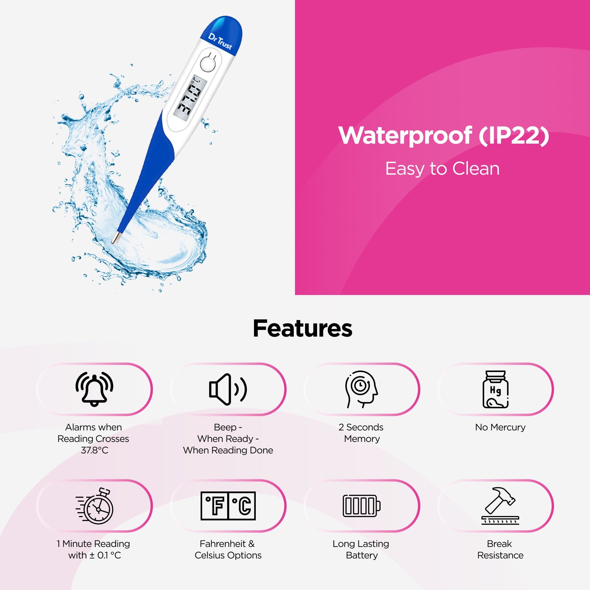Dr Trust USA Flexible Tip Digital Thermometer - Fast & Accurate Oral, Rectal & Underarm Temperature Reading for Adults, Kids & Babies - Perfect for Home, Clinic & Travel Use