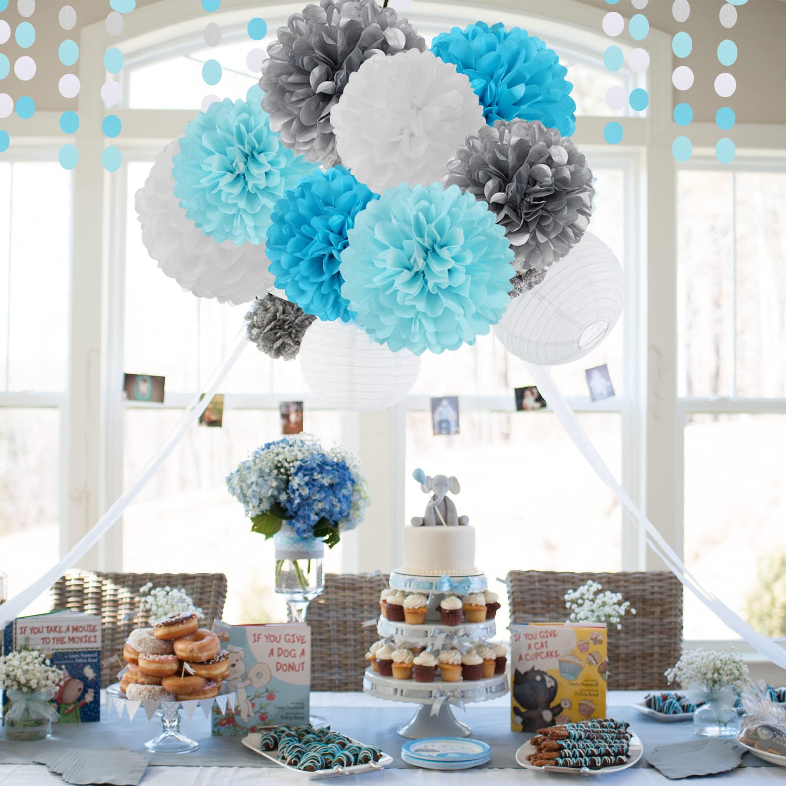 Royal-Light Blue Silver Party Decorations - 30pcs Tissue Pom Poms Streamers, Birthday Tassel Garland Banner for Wedding, Graduation, Baby Shower & Bridal Decor | Elegant Party Supplies for Home & Event Decoration