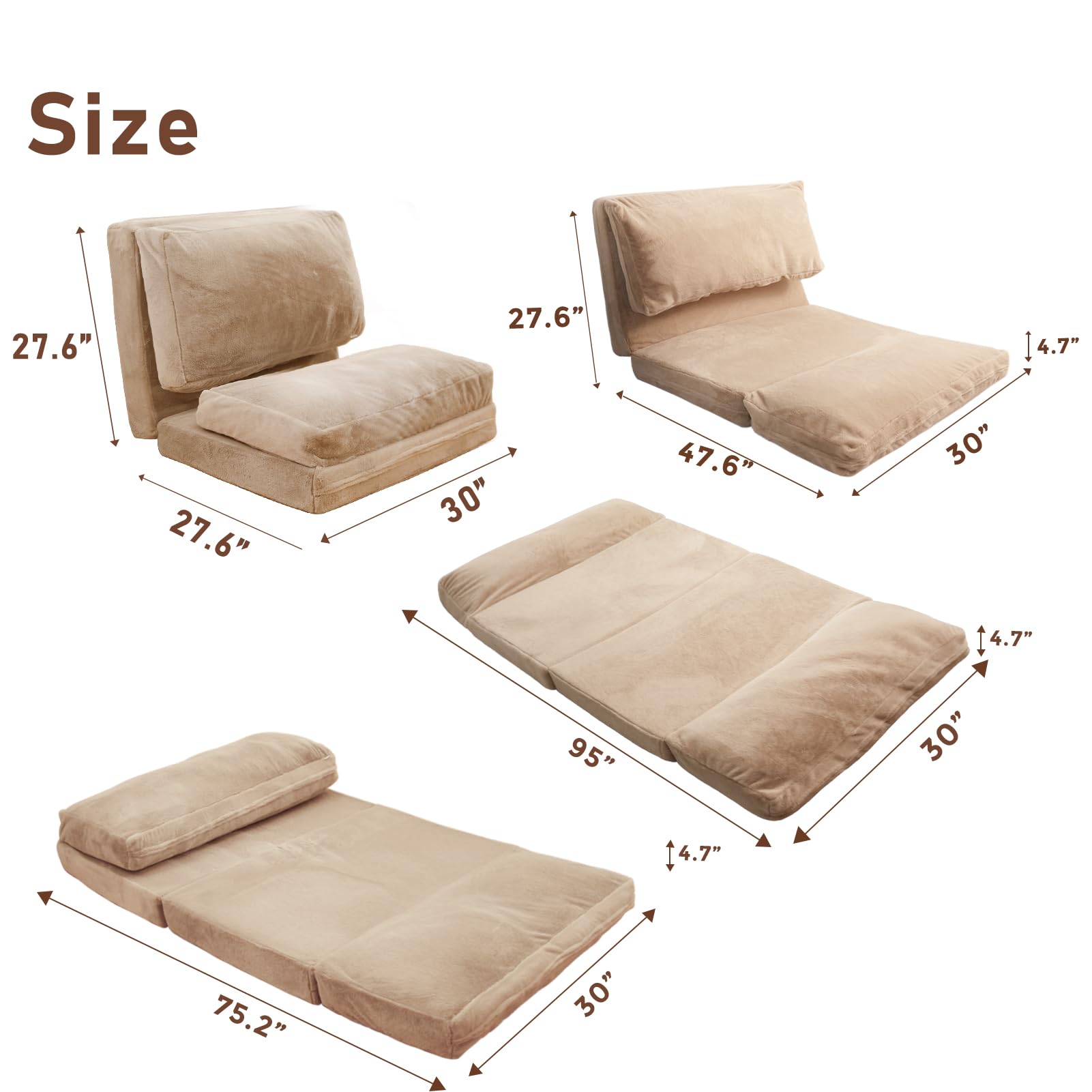 MAXYOYO Extra Thick Faux Fur Bean Bag Sofa Bed - 30x95 Inch Foldable Floor Mattress for Adults, Washable Cover, Single Floor Couch for Bedroom & Living Room (Brown) - Perfect for Lounging, Movie Nights & Guest Sleepovers