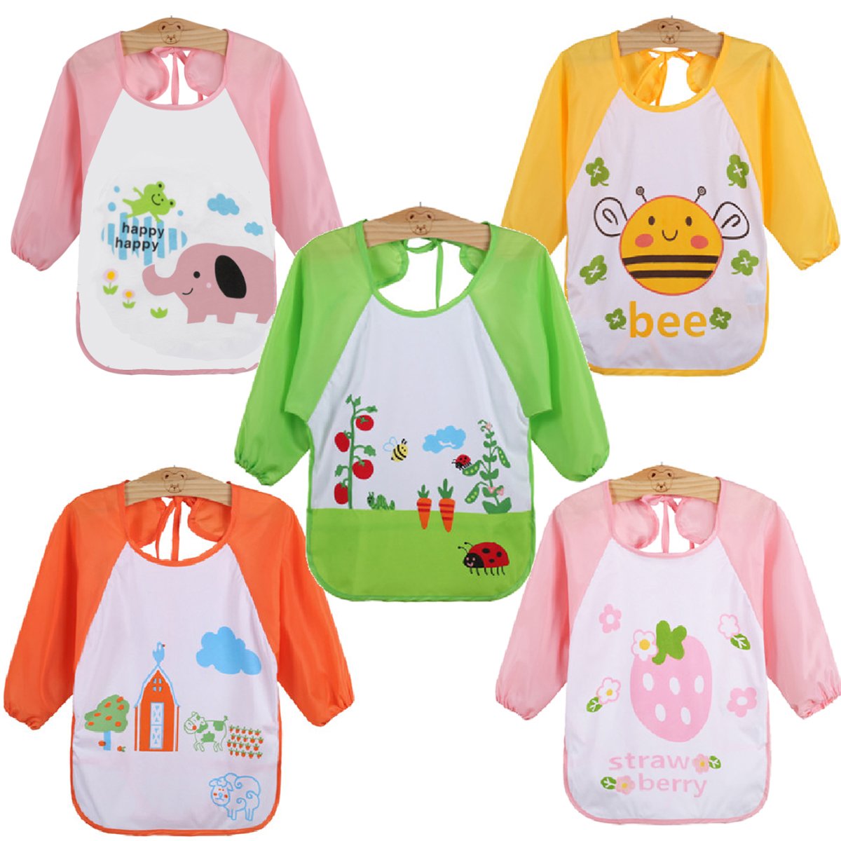 QinGuang 5 Pack Waterproof Baby Bibs with Long Sleeves, Catcher Pocket & Smock - Perfect for Painting, Eating, and Messy Play (Pink) - Ideal for Toddlers, Arts & Crafts, Mealtime Protection