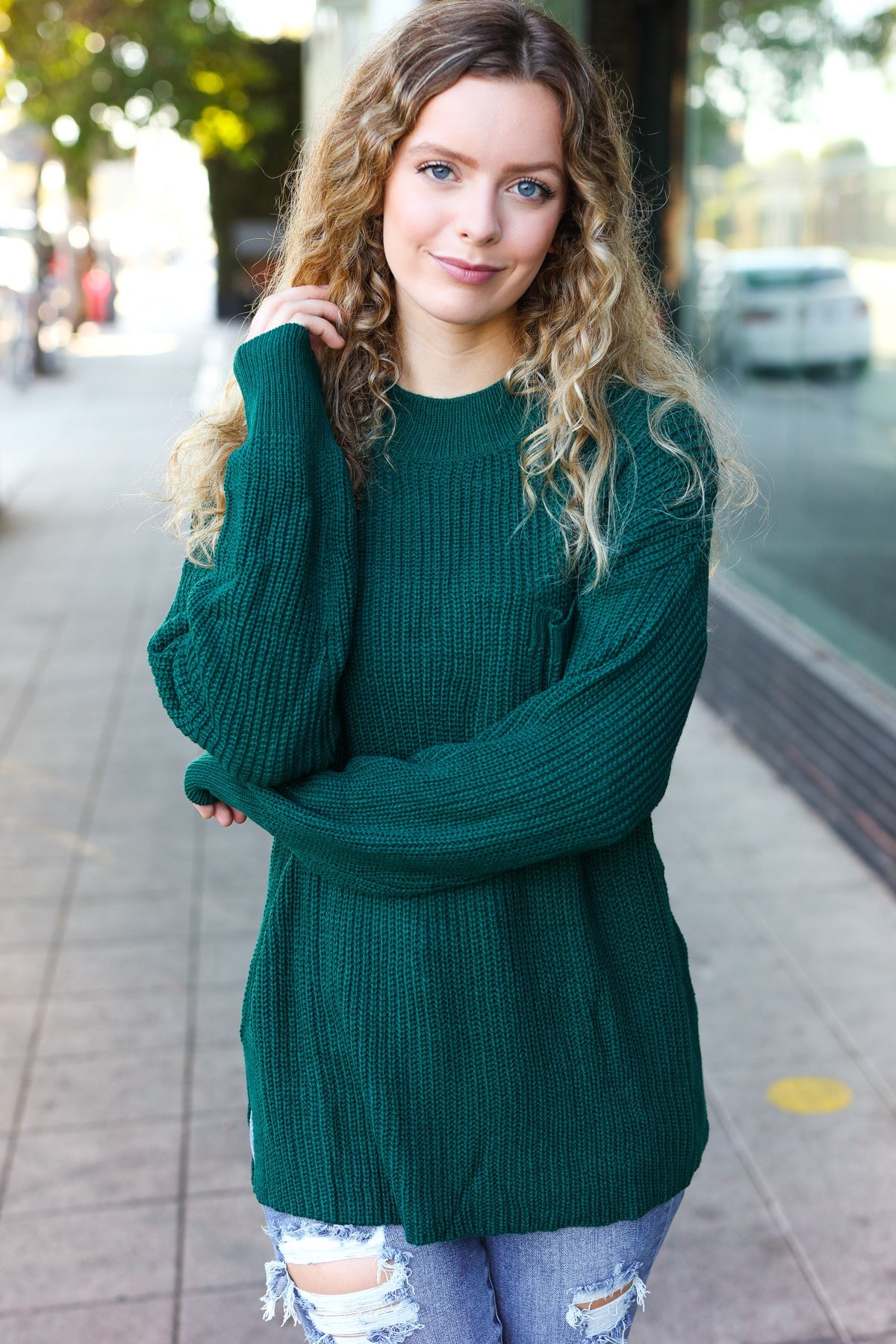 Stylish Hunter Green Mock Neck Knit Sweater with Chest Pocket - Cozy Winter Wear for Women | Perfect for Casual Outings & Office Attire