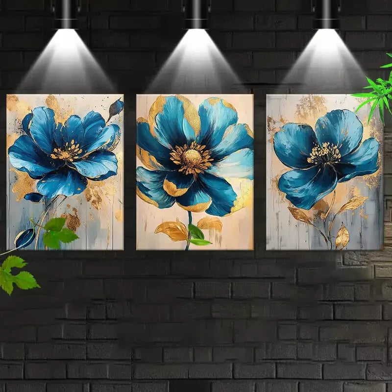 3-Piece Elegant Blue and Gold Floral Art Set - 50x70cm Framed Canvas Wall Decor - High Quality Print - 100% Australian Made - Ready to Hang - Perfect for Living Room, Bedroom, Office Decor