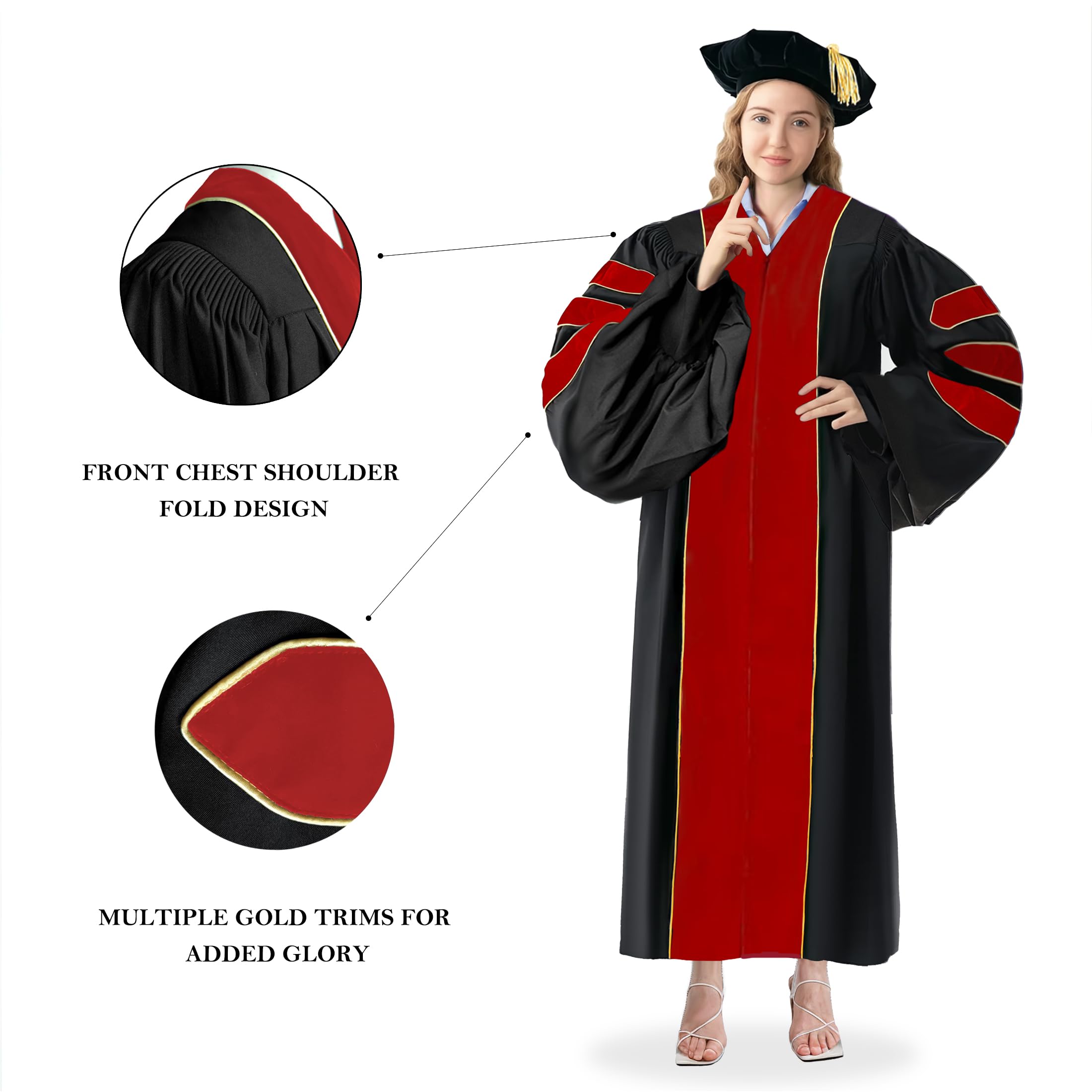 Premium Unisex Doctoral Graduation Gown & 8-Sided Tam Cap Set with Gold Piping - PhD Regalia for Commencement Ceremonies & Academic Celebrations