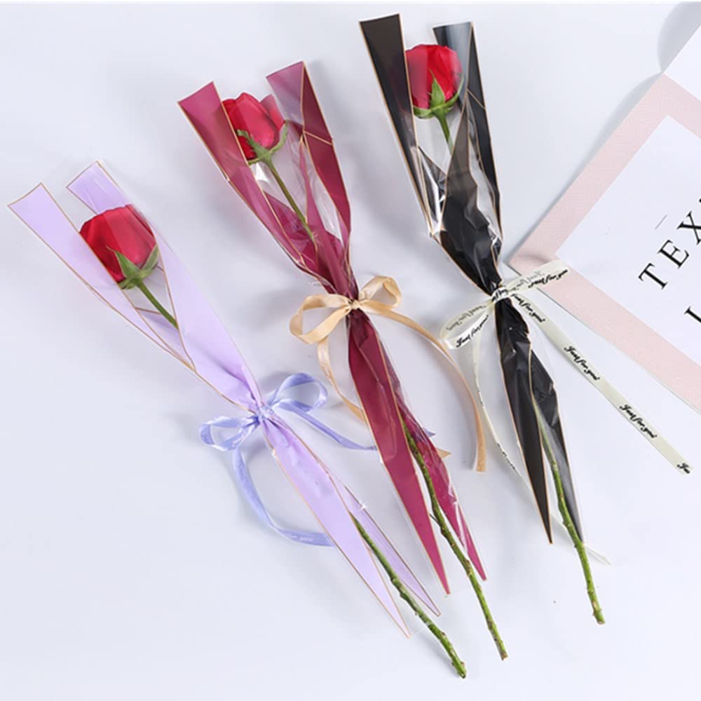 Oukeyi 150-Pack Floral Wrapping Paper - 3 Colors Waterproof Single Rose Packaging Bags (17.7x5x1.6 Inch) for Bouquets, Wedding Decor & Gift Wrapping Supplies