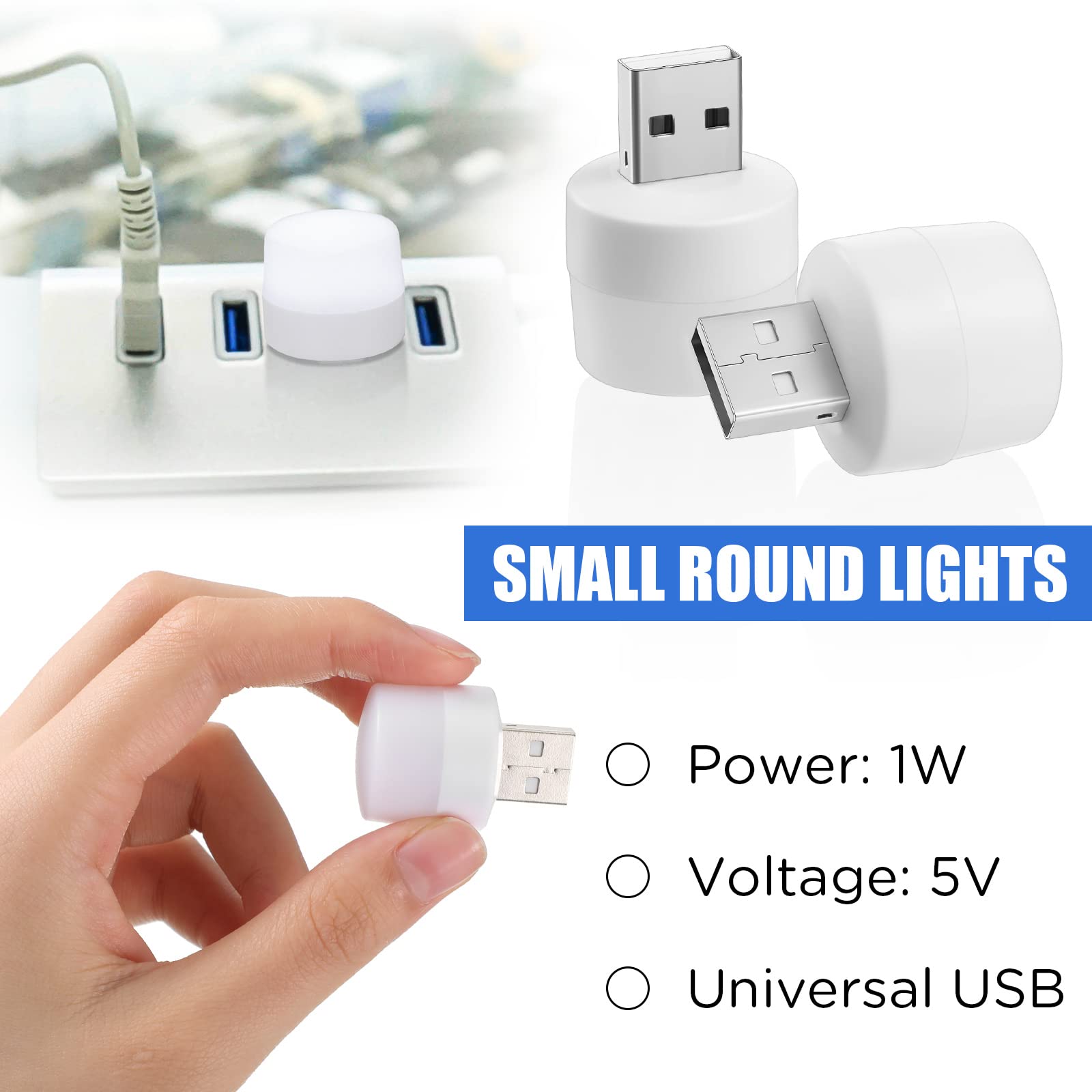 24-Pack Mini USB Night Lights - White Round LED Plug-in Nightlight for Kids Bedroom, Nursery, Hallway & Kitchen | Portable Atmosphere Lighting for Dorm, Home & Office Use
