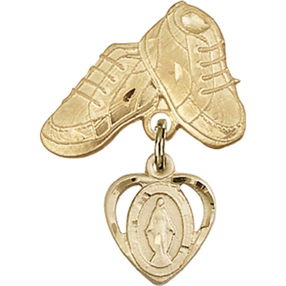 Gold Filled Baby Badge with Miraculous Charm & Baby Boots Pin - 1 X 5/8 Inch - Perfect for Christening Gifts, Baby Showers & Keepsake Jewelry