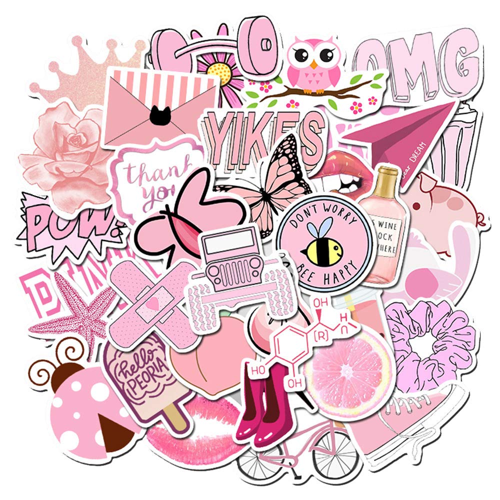 50 Pack Waterproof Vinyl Stickers for Water Bottles, Laptops, Luggage & Skateboards - Trendy Cute Aesthetic Decals for Kids, Girls, Teens & Adults - Perfect for Personalizing School Supplies, Travel Gear & Tech Accessories (Pink)