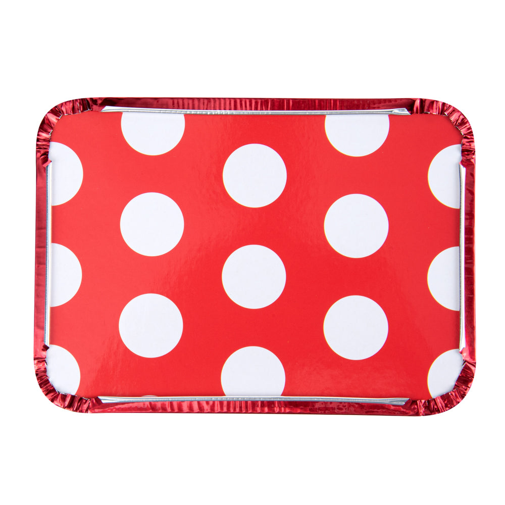 16 oz Rectangle Red Aluminum Take Out Food Containers with Polka Dot Paper Lids - 7.25