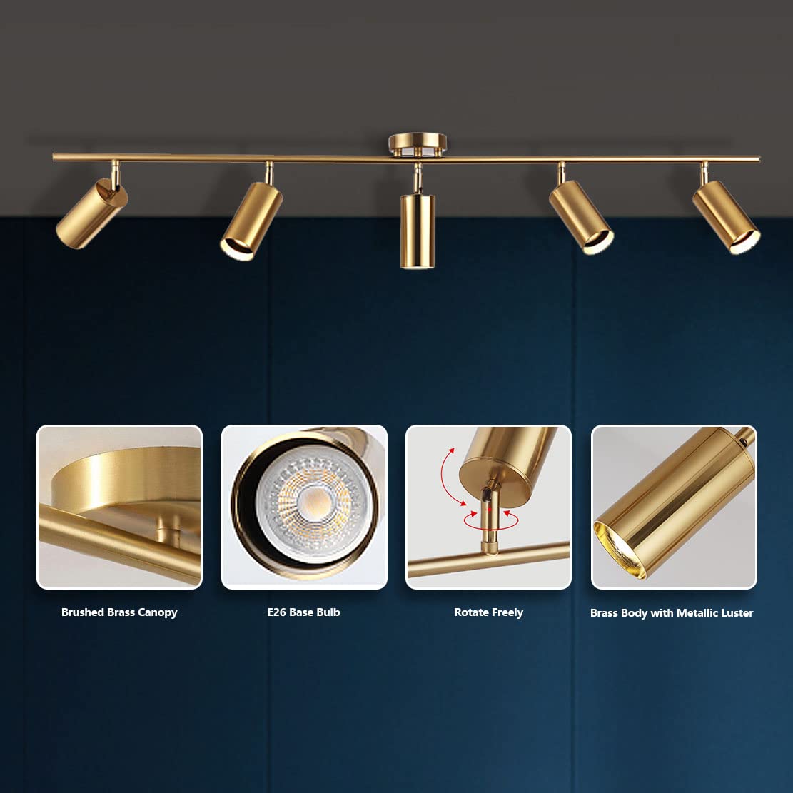 KCO Lighting Modern 5-Lights LED Track Lighting Kit - Brushed Brass Adjustable Flush Mount Ceiling Spotlights for Kitchen, Dining Room & Living Room - Mid Century Gold Light Fixture (5 Lights) - Perfect for Task Lighting and Accent Illumination