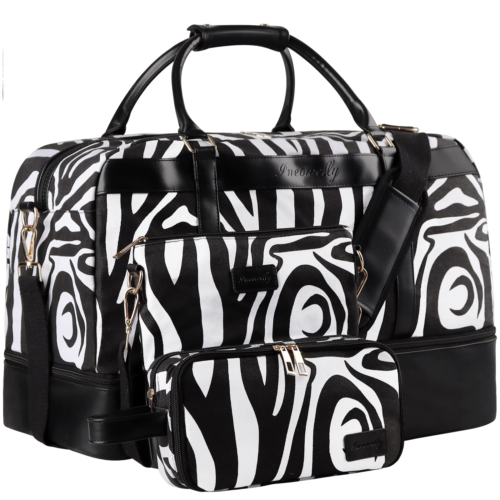 Stylish Large Canvas Weekender Bag for Women - Spacious Travel Duffel with Shoe Compartment, Perfect for Overnight Trips, Hospital Visits & Labor Delivery (4-Piece Set, Black) | Ideal for Weekend Getaways, Business Travel & Maternity Hospital Stays