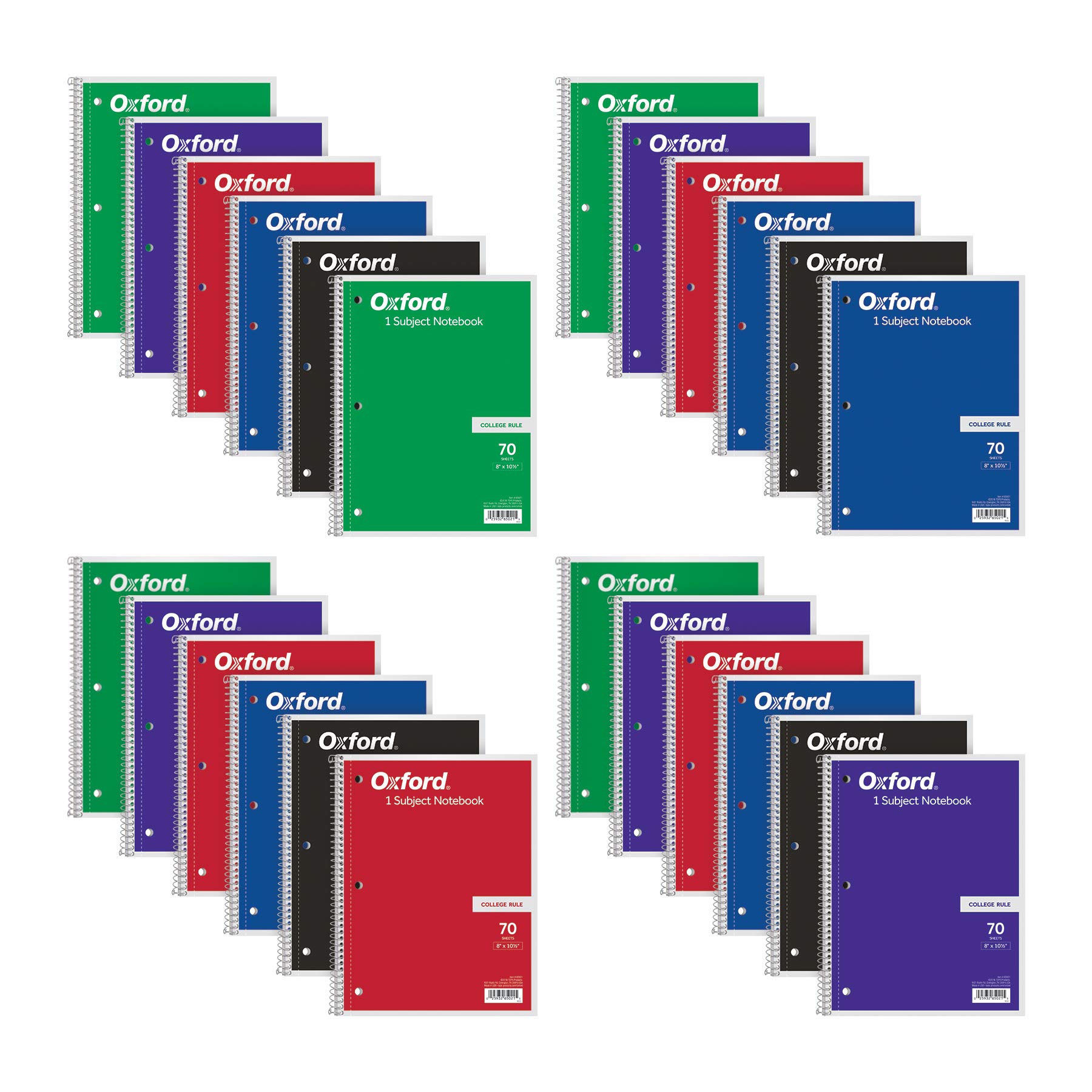 Oxford Spiral Notebooks 1-Subject College Ruled - 70 Sheets per Notebook, 24-Pack Assorted Colors - Perfect for School, Office & Journaling (65021)