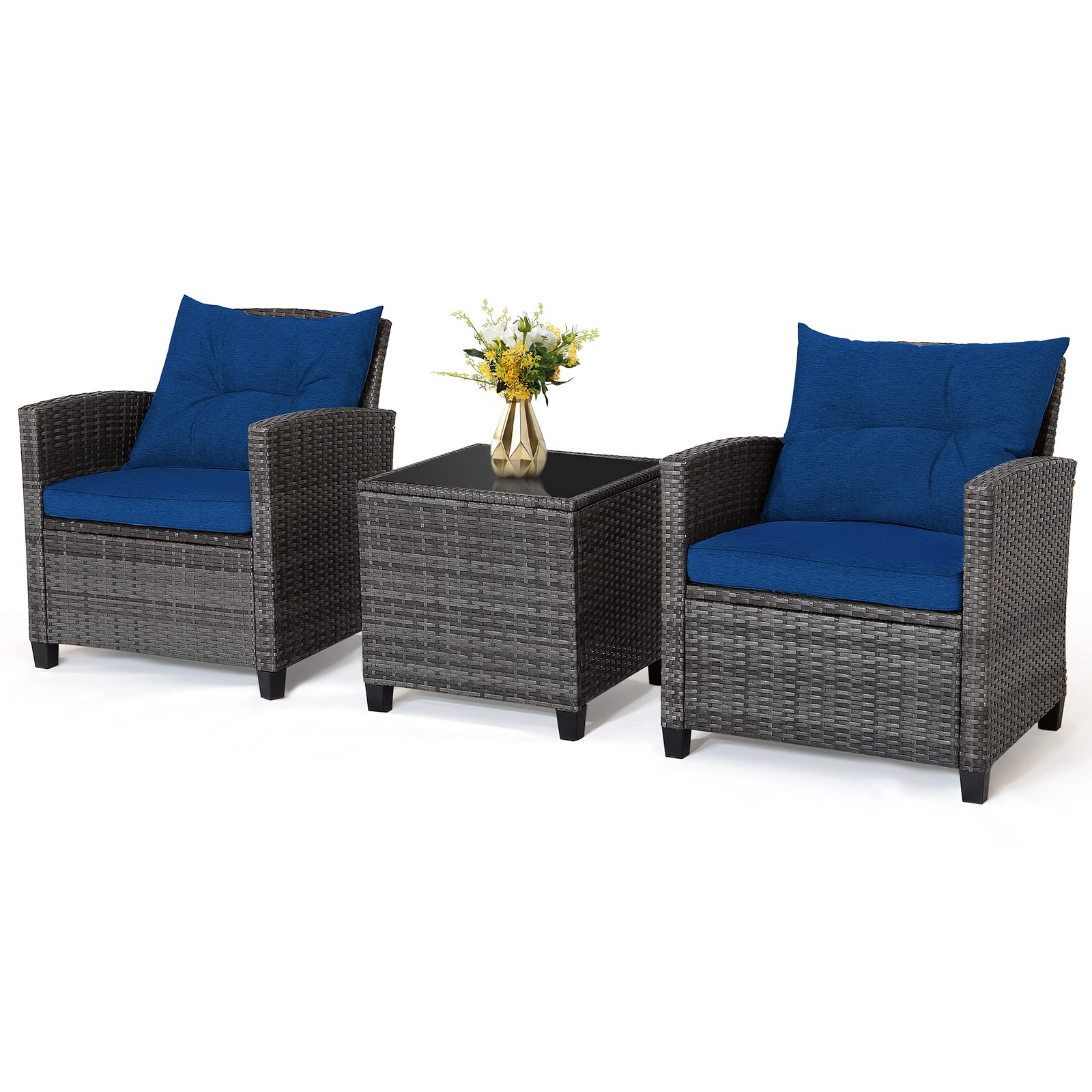 RELAX4LIFE 3-Piece Wicker Patio Furniture Set - Outdoor Rattan Sofa Conversation Set with Tempered Glass Table & Heavy-Duty Steel Frame - Navy Blue Wicker Chair Set for Poolside, Backyard, Garden, Patio & Outdoor Relaxation