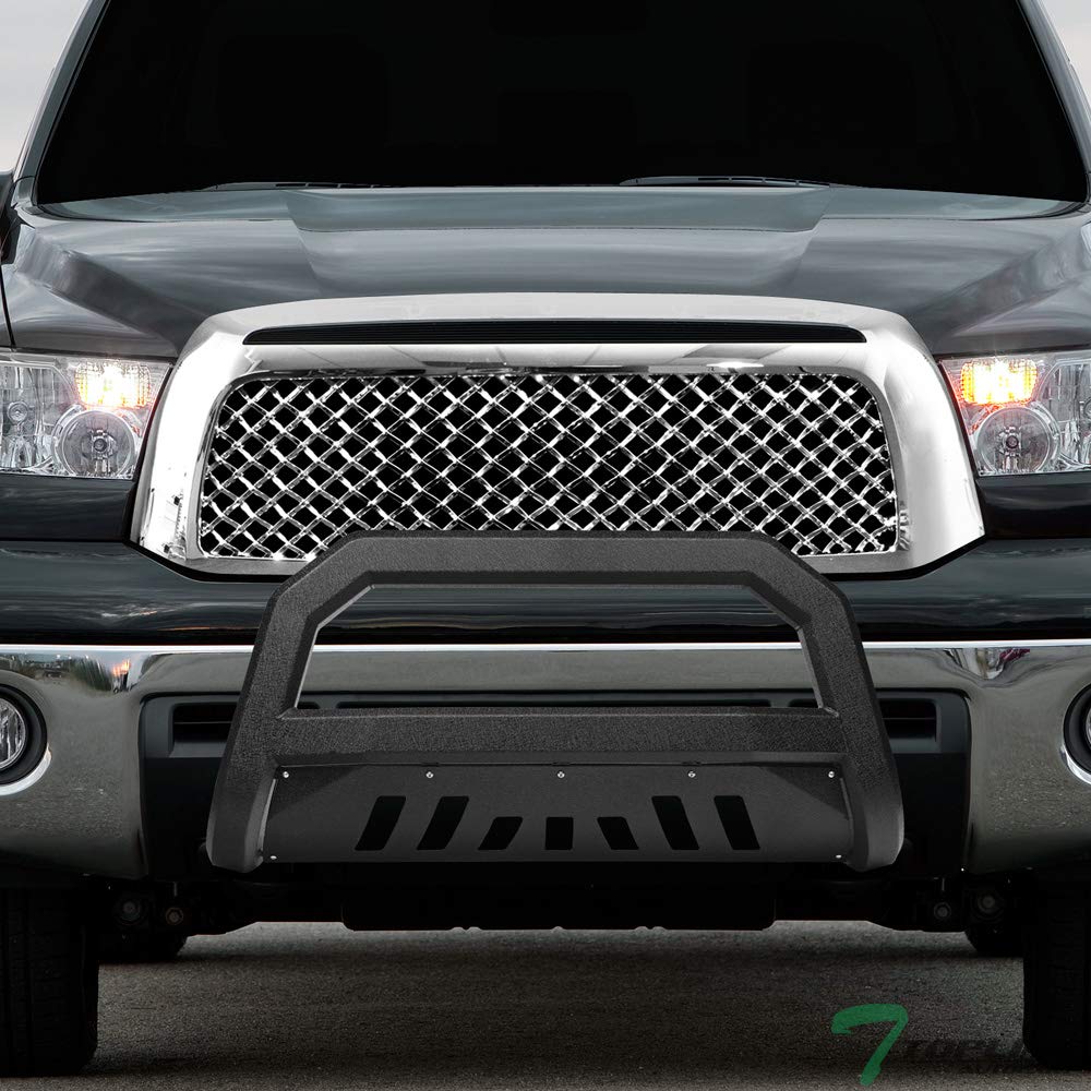Textured Black AVT Style Bull Bar Brush Guard Push Bumper with Skid Plate for 2007-2021 Toyota Tundra - Off-Road Protection & Front Grill Guard for Truck Adventures