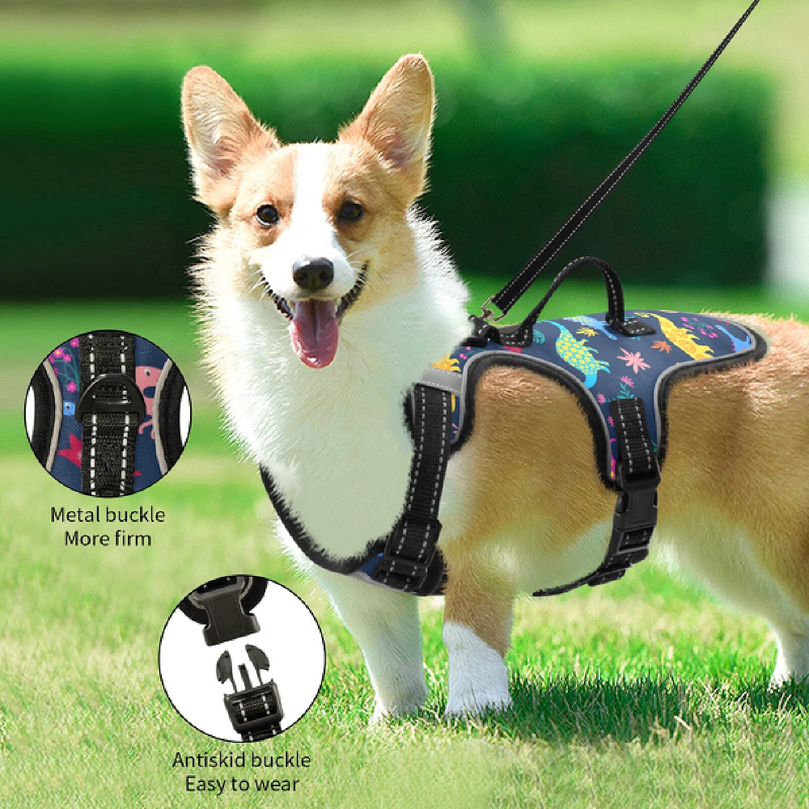 Dinosaur Dog Harness No Pull Reflective Vest - Breathable Pet Harness with Nylon Handle for Small & Medium Dogs - Perfect for Walking, Hiking & Nighttime Safety