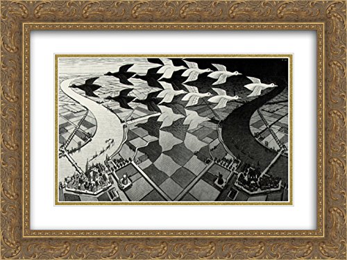 Premium M.C. Escher Gold Ornate Framed Art Print - 18x15 Inches Double Matted Wall Decor for Living Room, Bedroom & Office | Day & Night Optical Illusion Artwork
