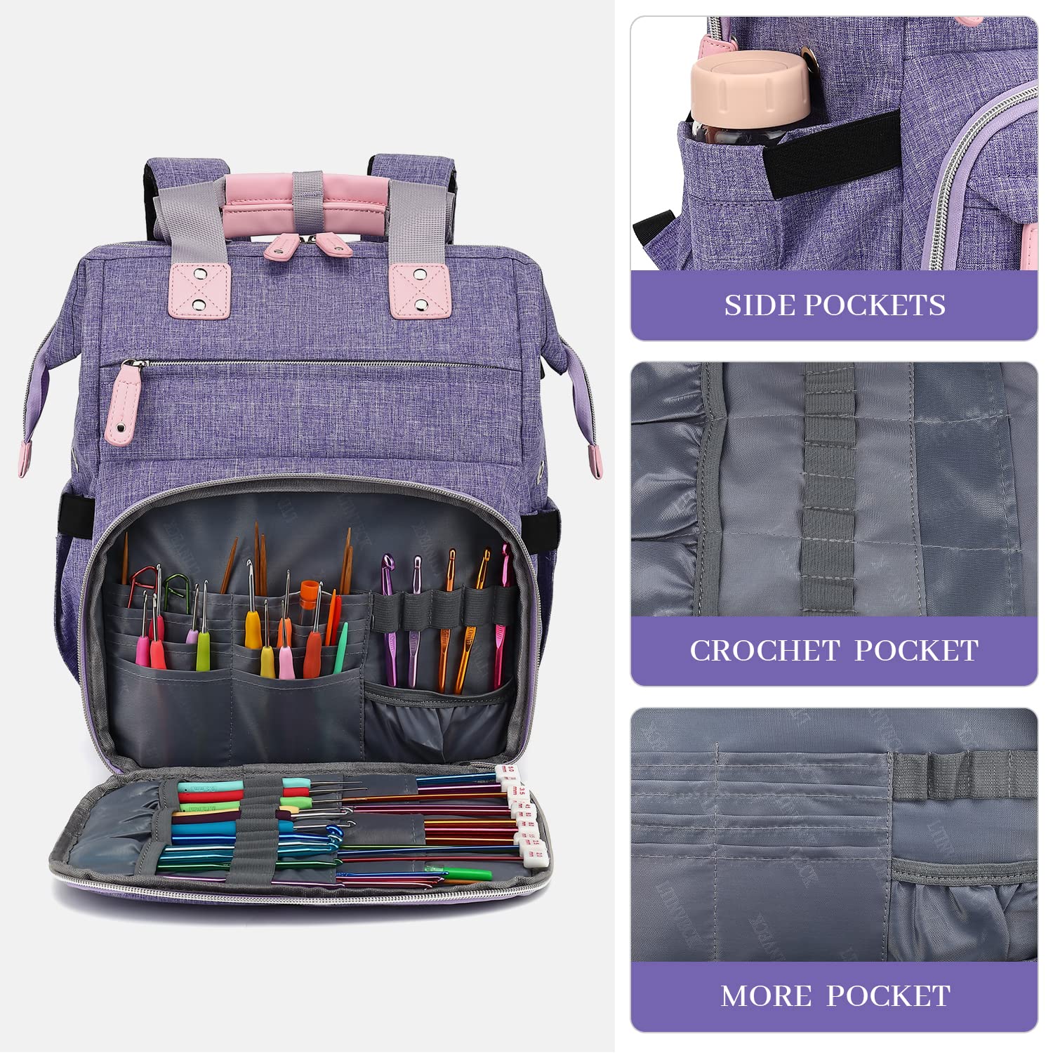 Crochet Backpack for Knitting & Yarn Storage - Large Travel Tote Bag with USB Charging Port (Purple) | Perfect for Crafters, Knitters & On-the-Go Projects