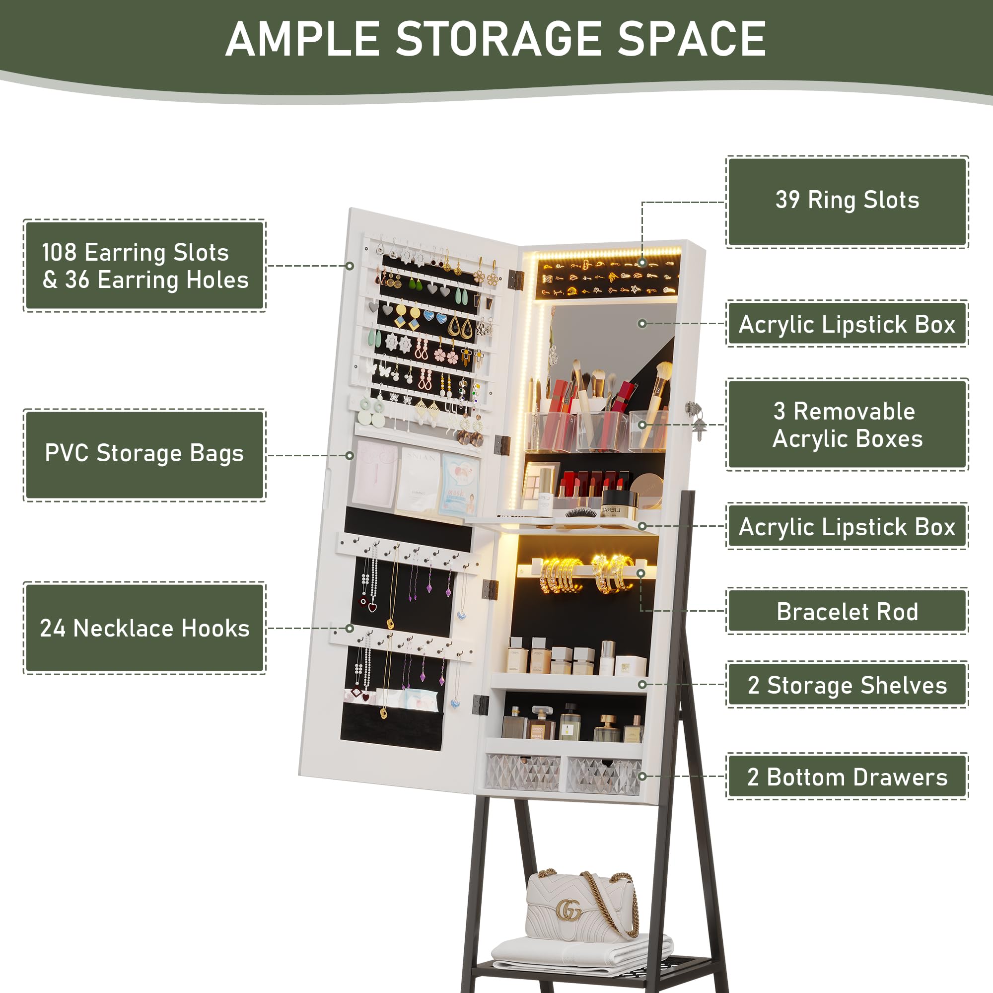 Full-Length LED Standing Mirror with Jewelry Storage - Smart Touch Control, 6 Color Lighting Options, Lockable Cabinet & Removable Wheels for Bedroom, Dressing Room, and Closet Organization
