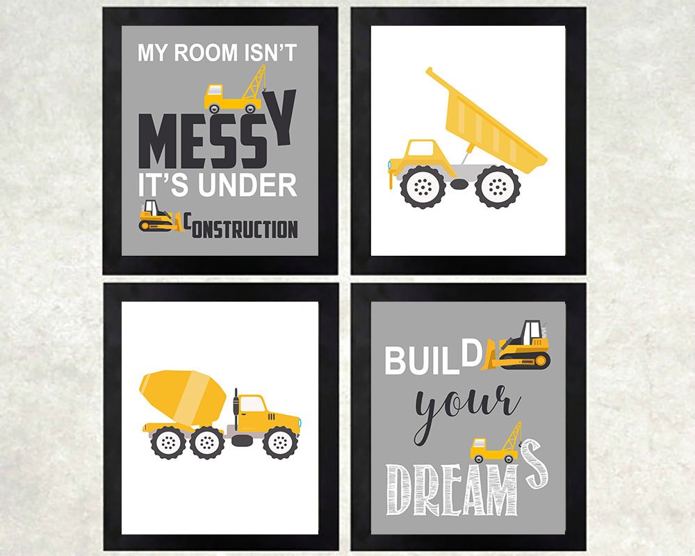 Grey Construction Truck Themed Art Prints - Set of 4 Frameless Wall Decor Posters | Silly Goose Gifts for Kids Room, Nursery, or Playroom Decoration