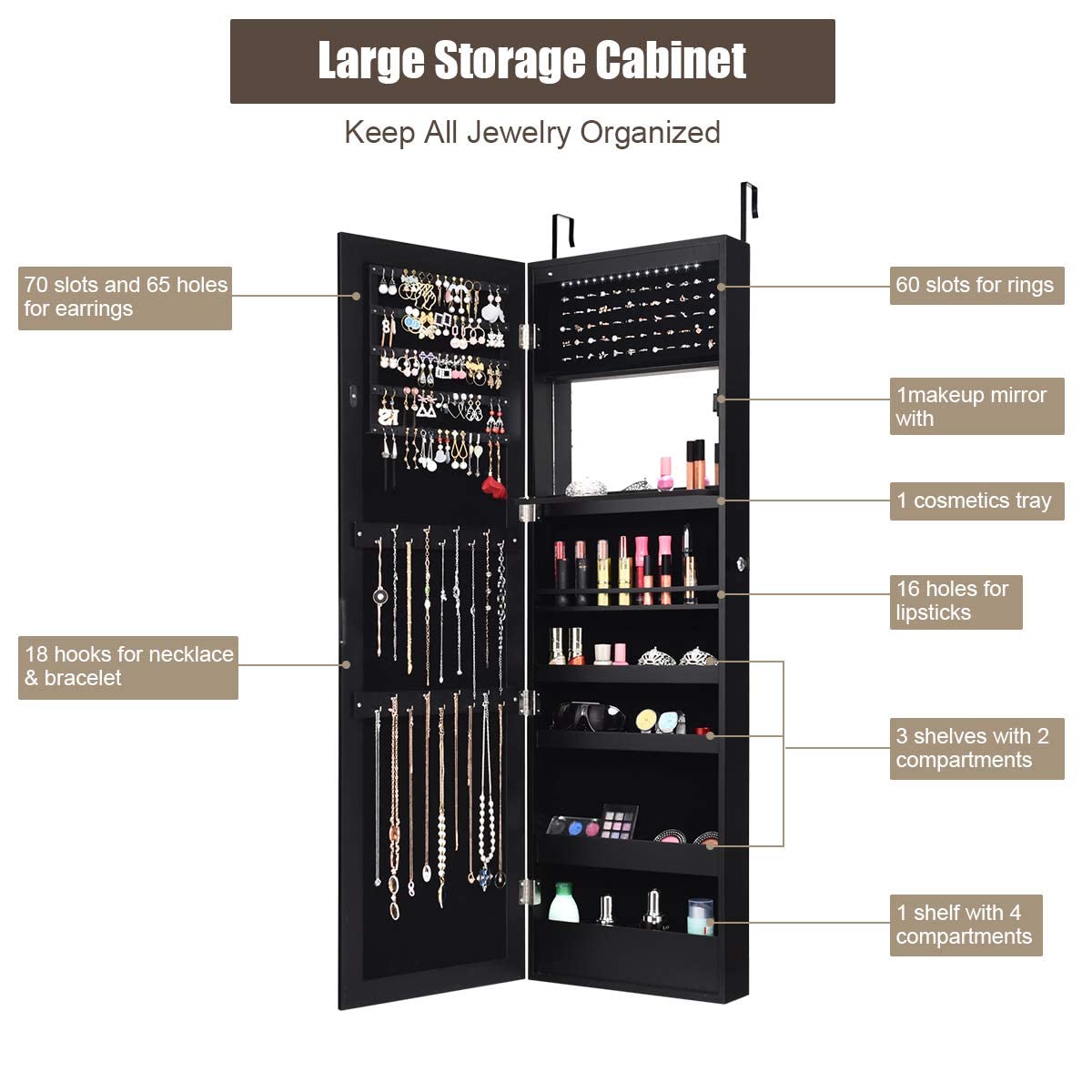 MAT EXPERT 15-LED Jewelry Armoire with Full-Length Mirror - Lockable Wall/Door Mounted Jewelry Cabinet Organizer with LED Lights - Perfect for Bedroom, Dressing Room & Makeup Display (Black)