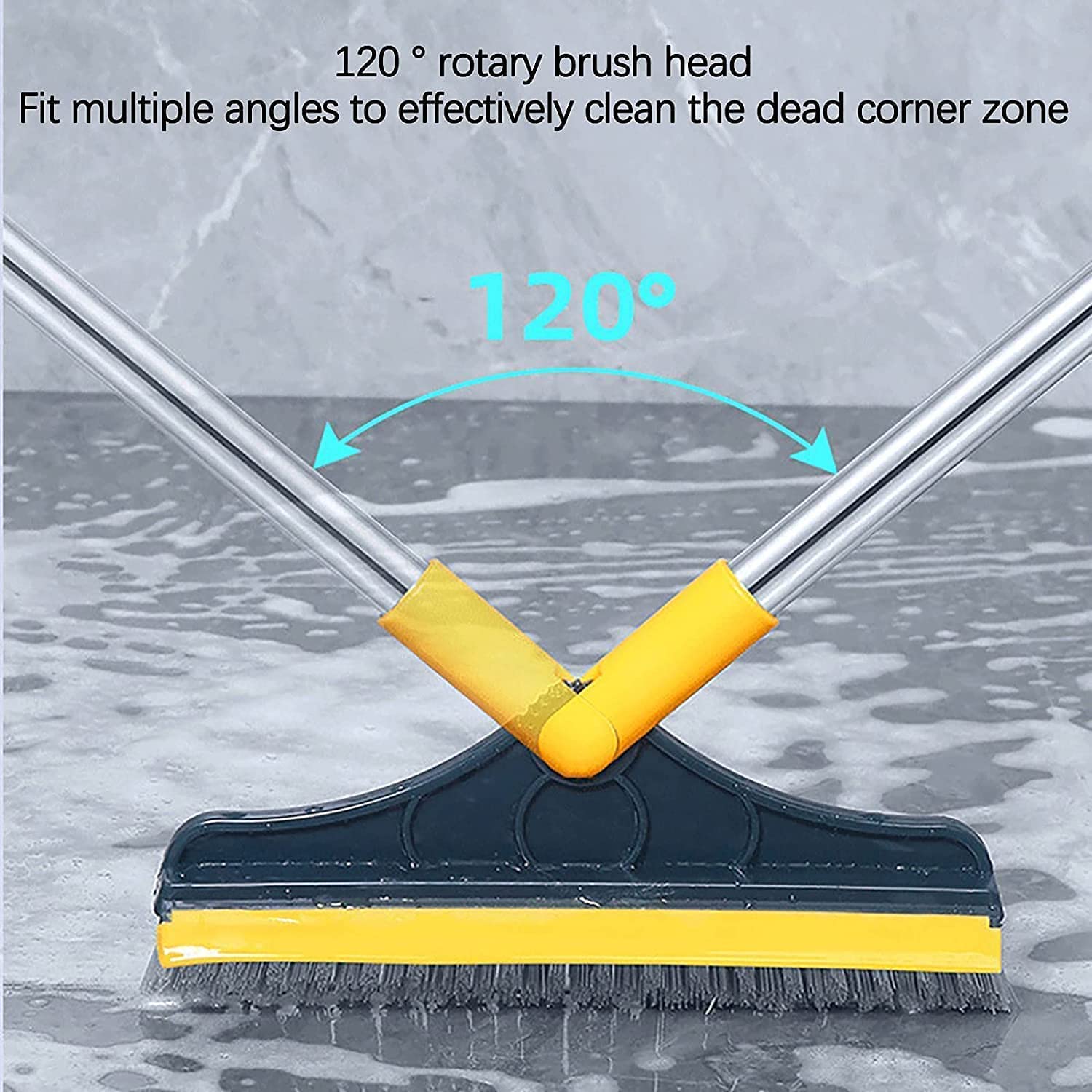 2 in 1 Floor Scrub Brush with Long Handle - Adjustable V-Shaped Cleaning Brush for Bathroom & Kitchen - 120° Rotating Removable Head & Squeegee - Perfect for Tile Floors, Grout Cleaning & Hard-to-Reach Corners