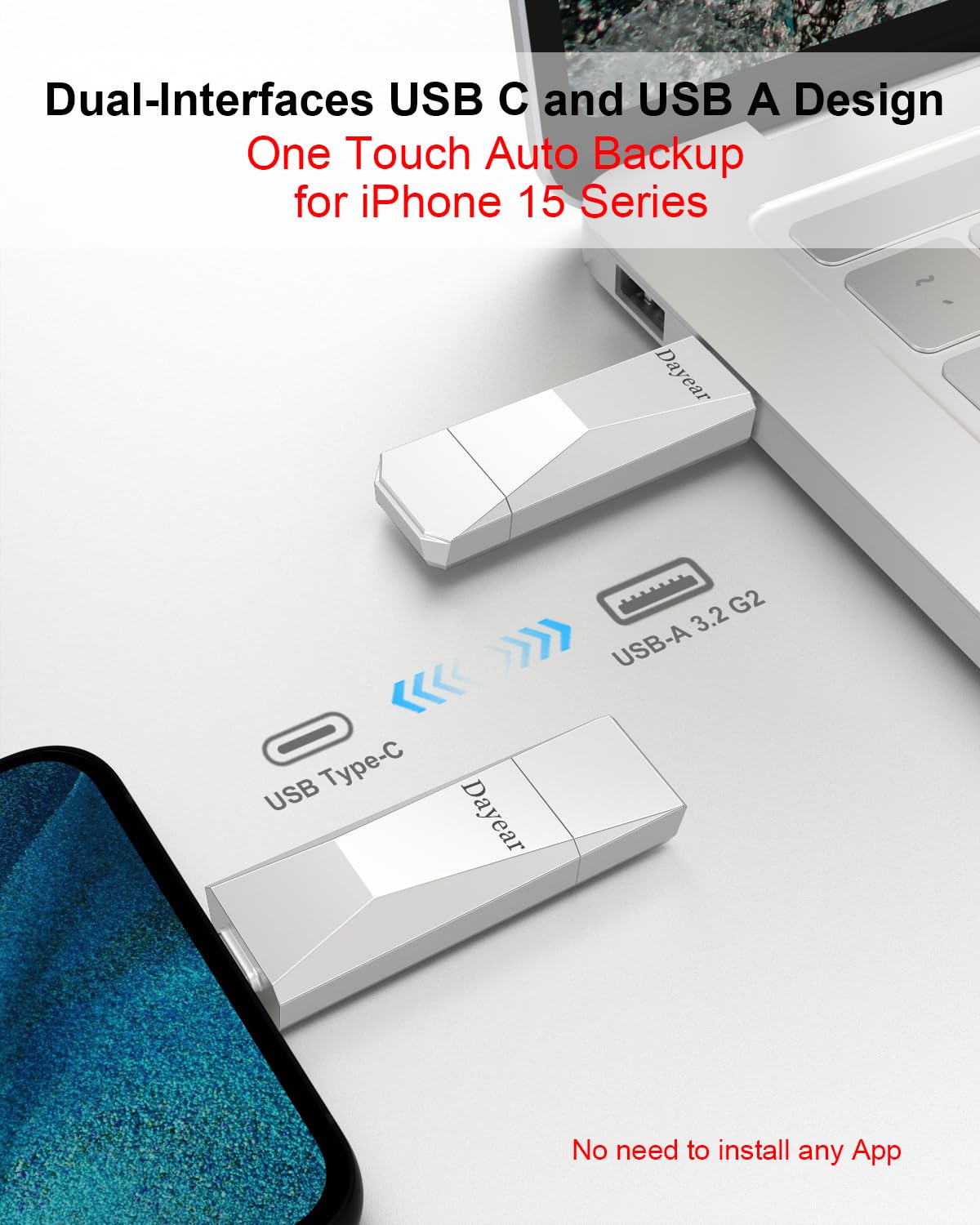 Dayear 128GB USB C Flash Drive - 2-in-1 Dual USB 3.2 Gen2 Thumb Drive with 500MB/s High Speed - Compatible with iPhone 15 Series, iPad, Android, Mac & Laptops - Perfect for Data Transfer, Backup & Portable Storage